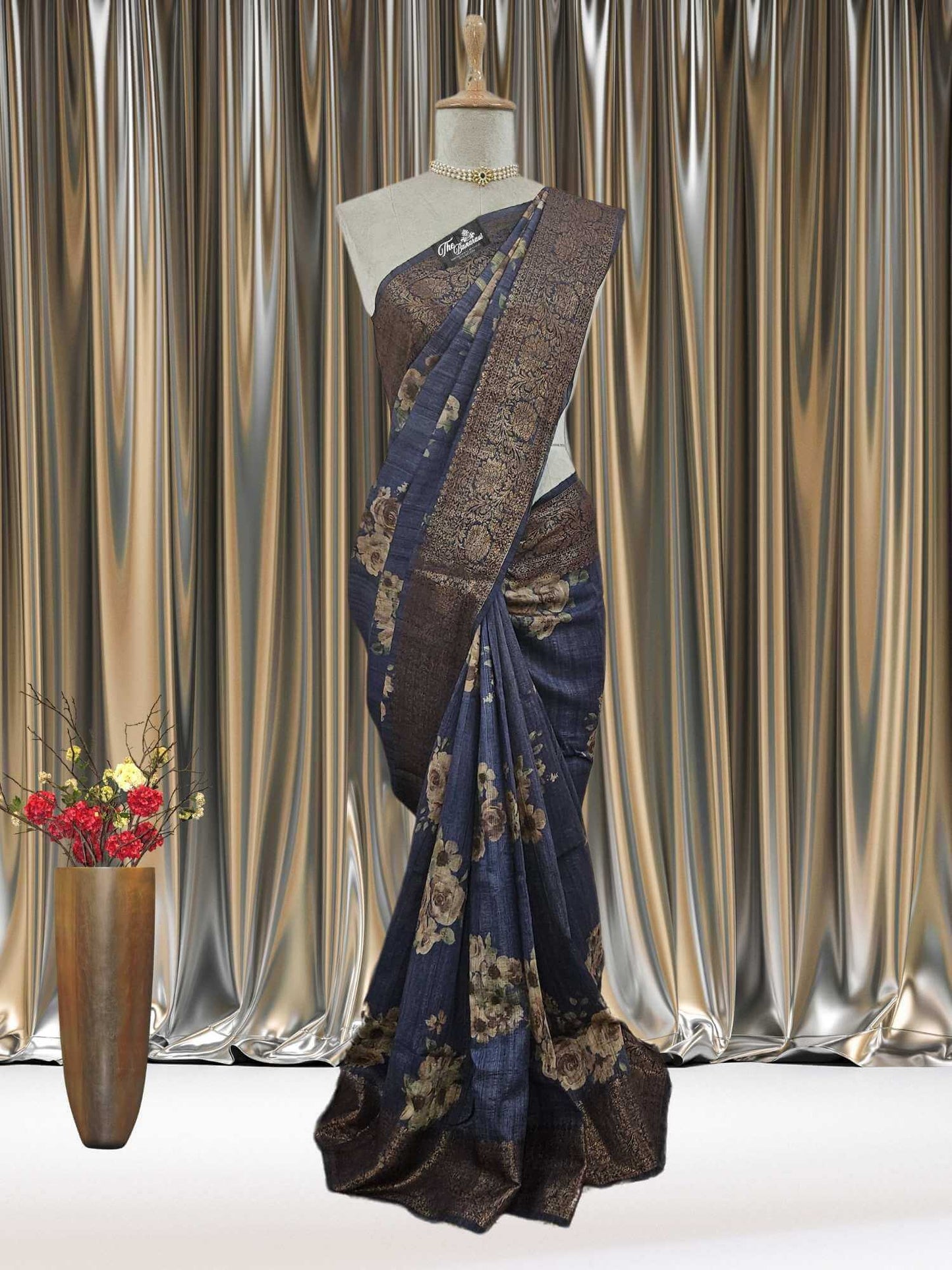 Blue Color Pure Tussar Georgette Antique Zari Print Banarasi Handloom Saree