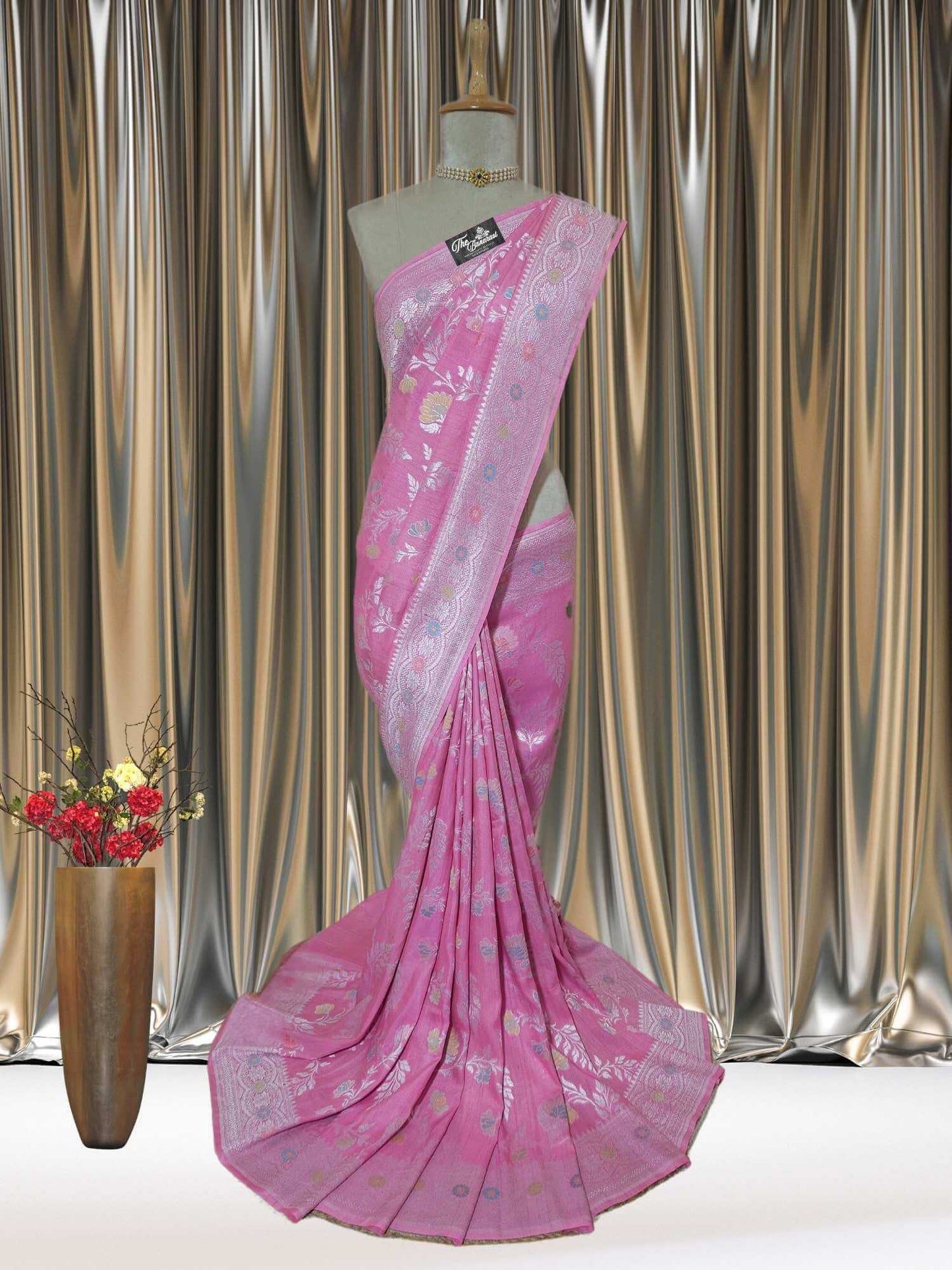 Neon Pink Pure Tussar Georgette Meenakari Design Banarasi Handloom Saree