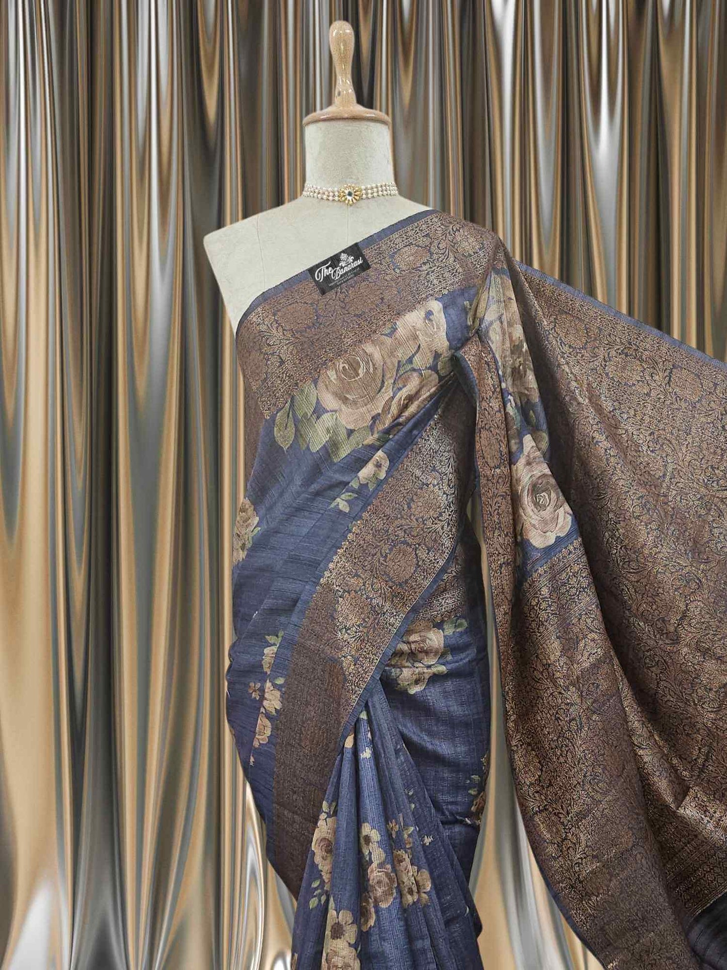 Blue Color Pure Tussar Georgette Antique Zari Print Banarasi Handloom Saree