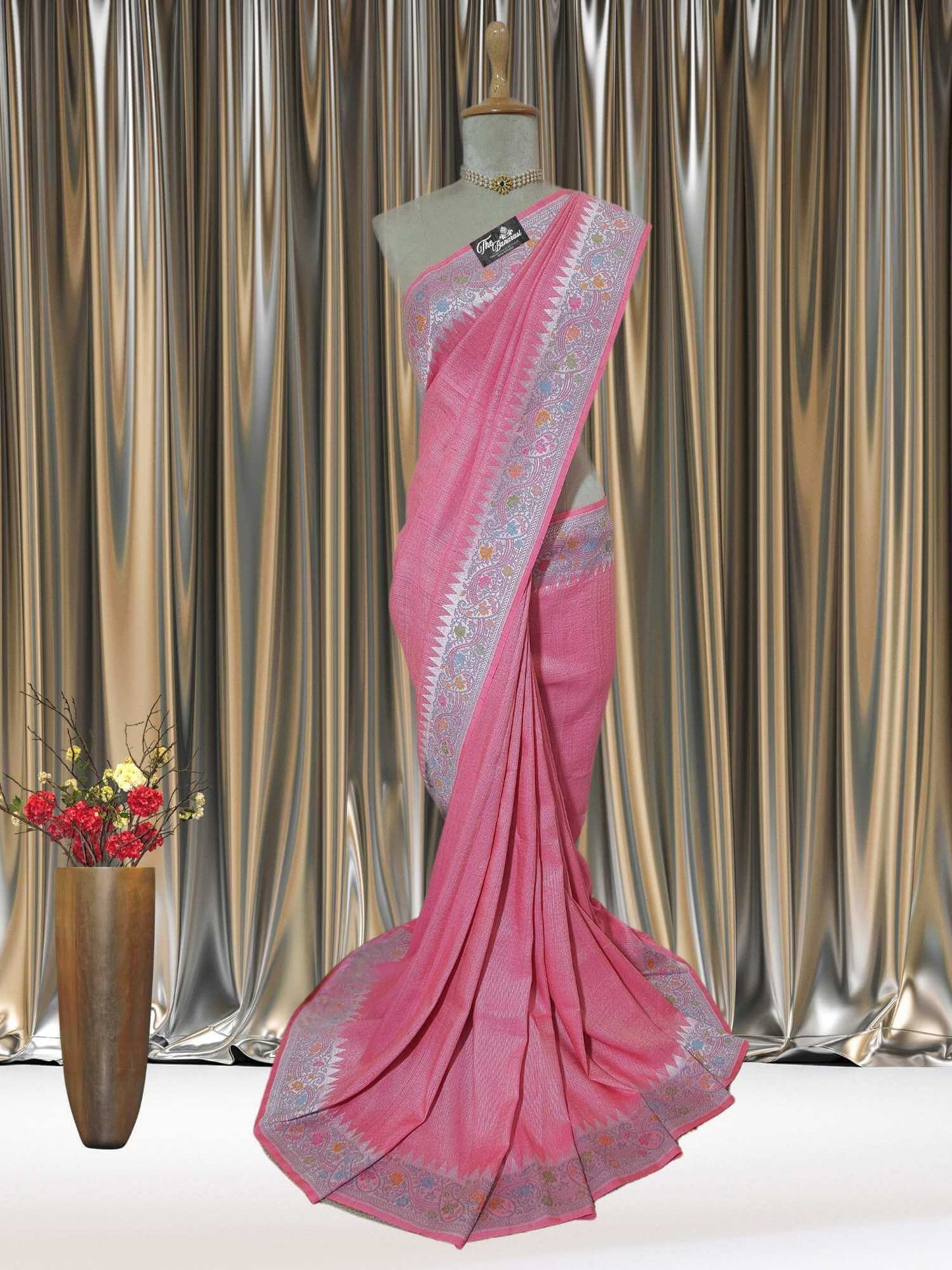 Rose Pink Pure Tussar Georgette Meenakari Design Banarasi Handloom Saree