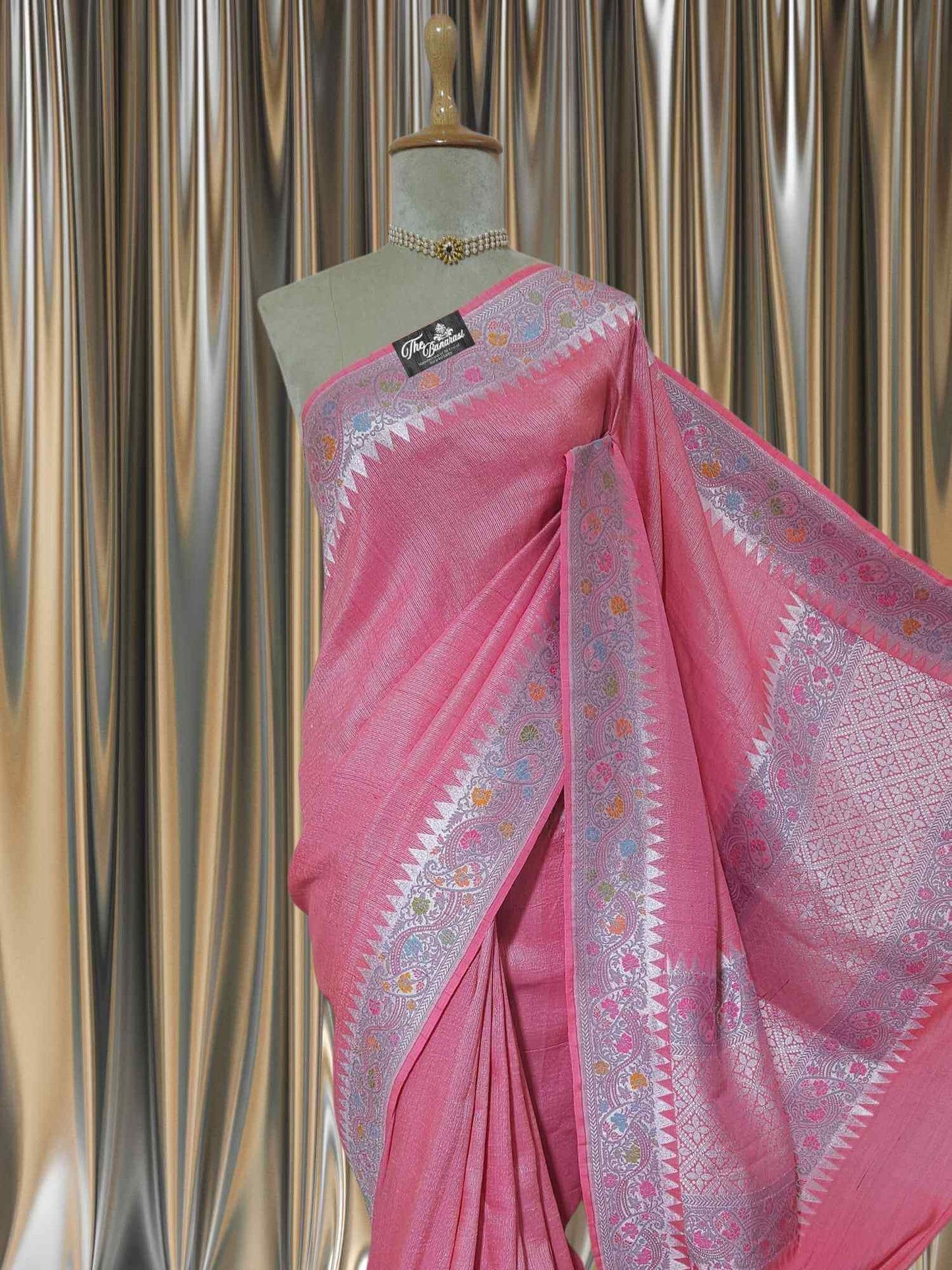 Rose Pink Pure Tussar Georgette Meenakari Design Banarasi Handloom Saree