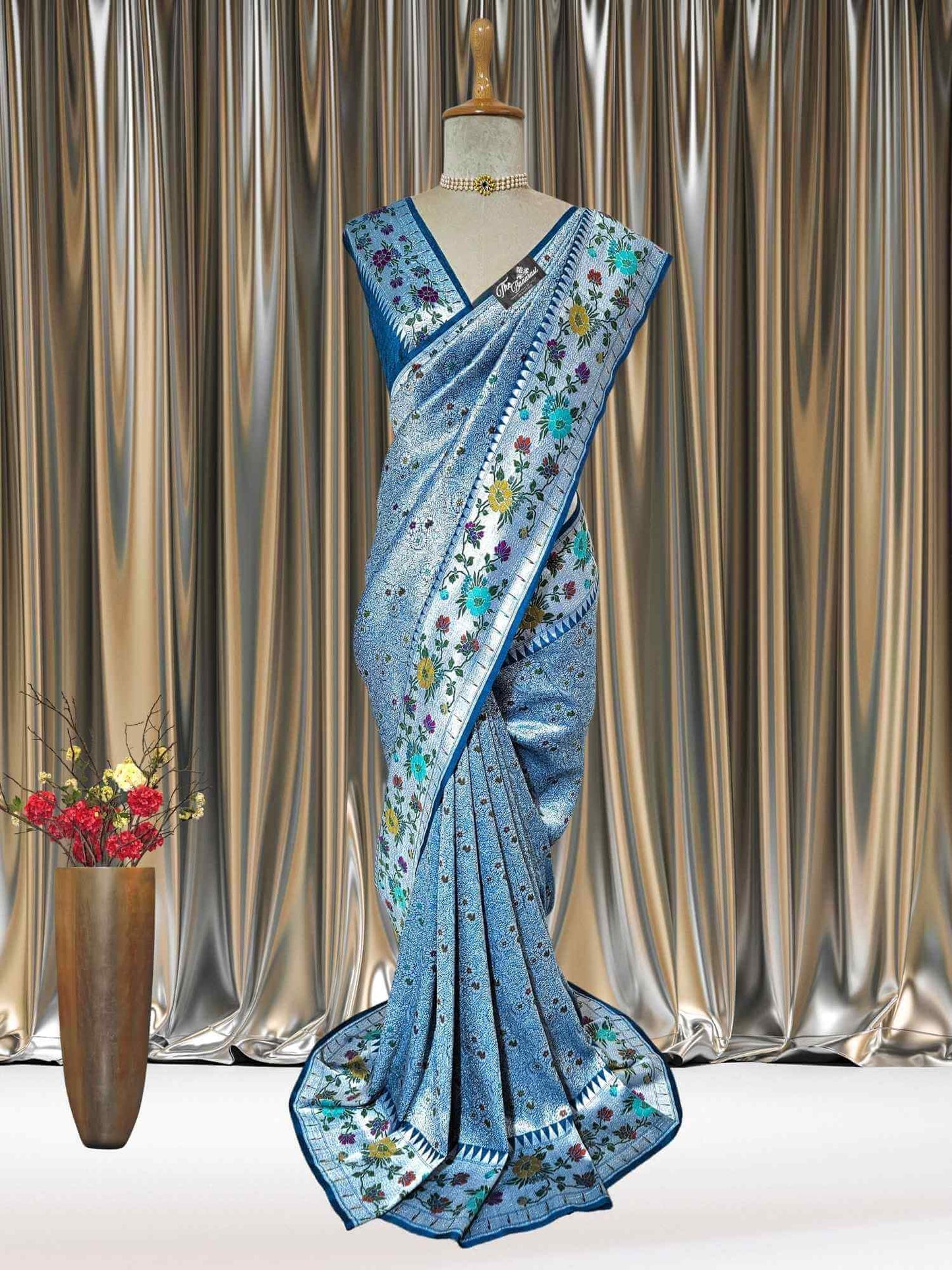 Dodge Blue Pure Tussar Georgette Meenakari Design Banarasi Handloom Saree