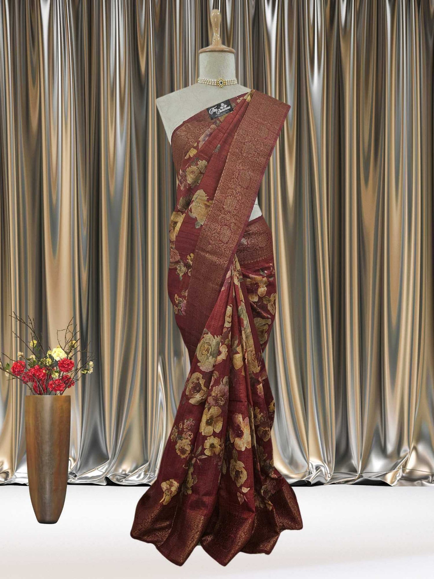 Maroon Color Pure Tussar Georgette Antique Zari Print Banarasi Handloom Saree