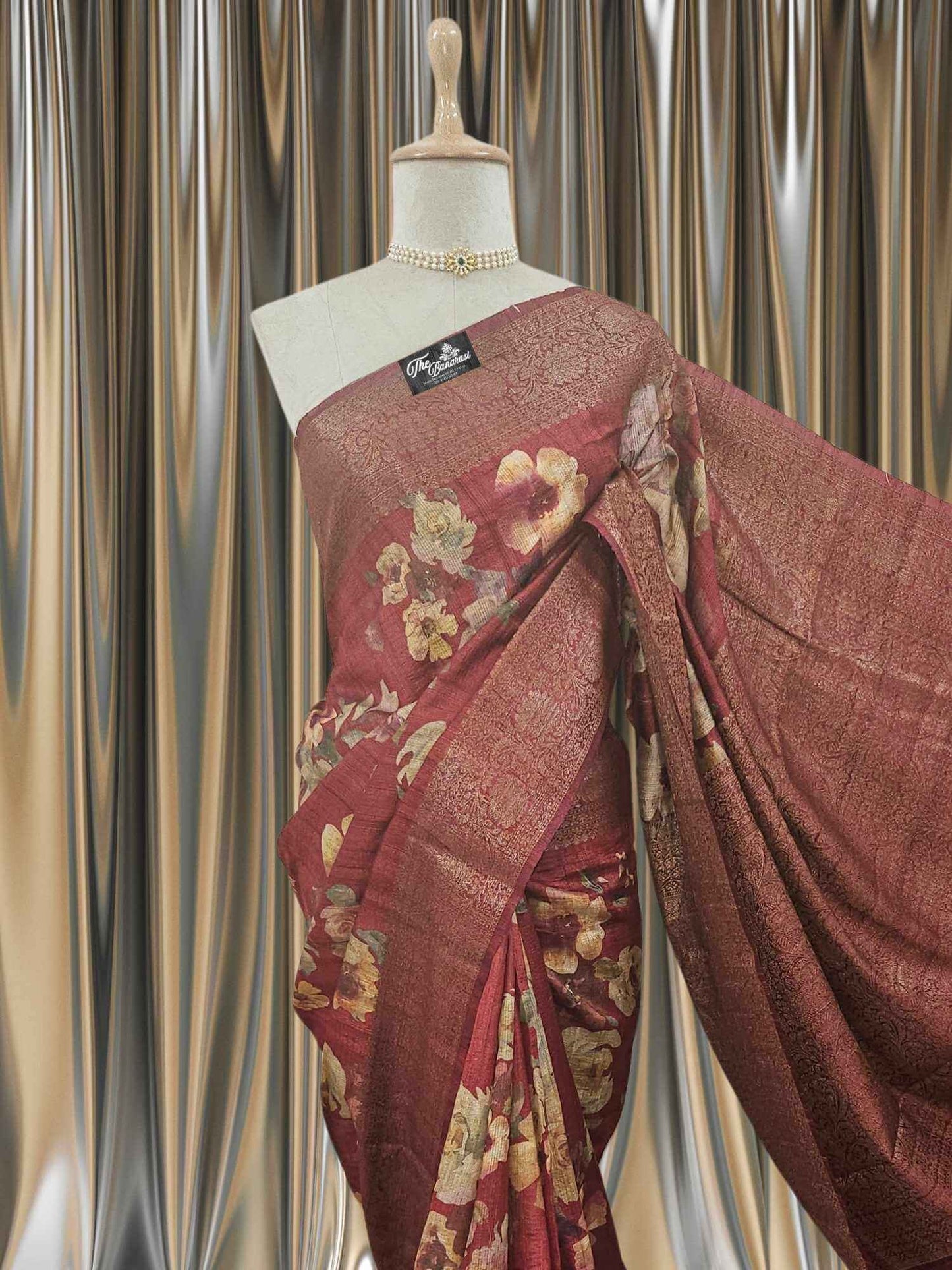Maroon Color Pure Tussar Georgette Antique Zari Print Banarasi Handloom Saree