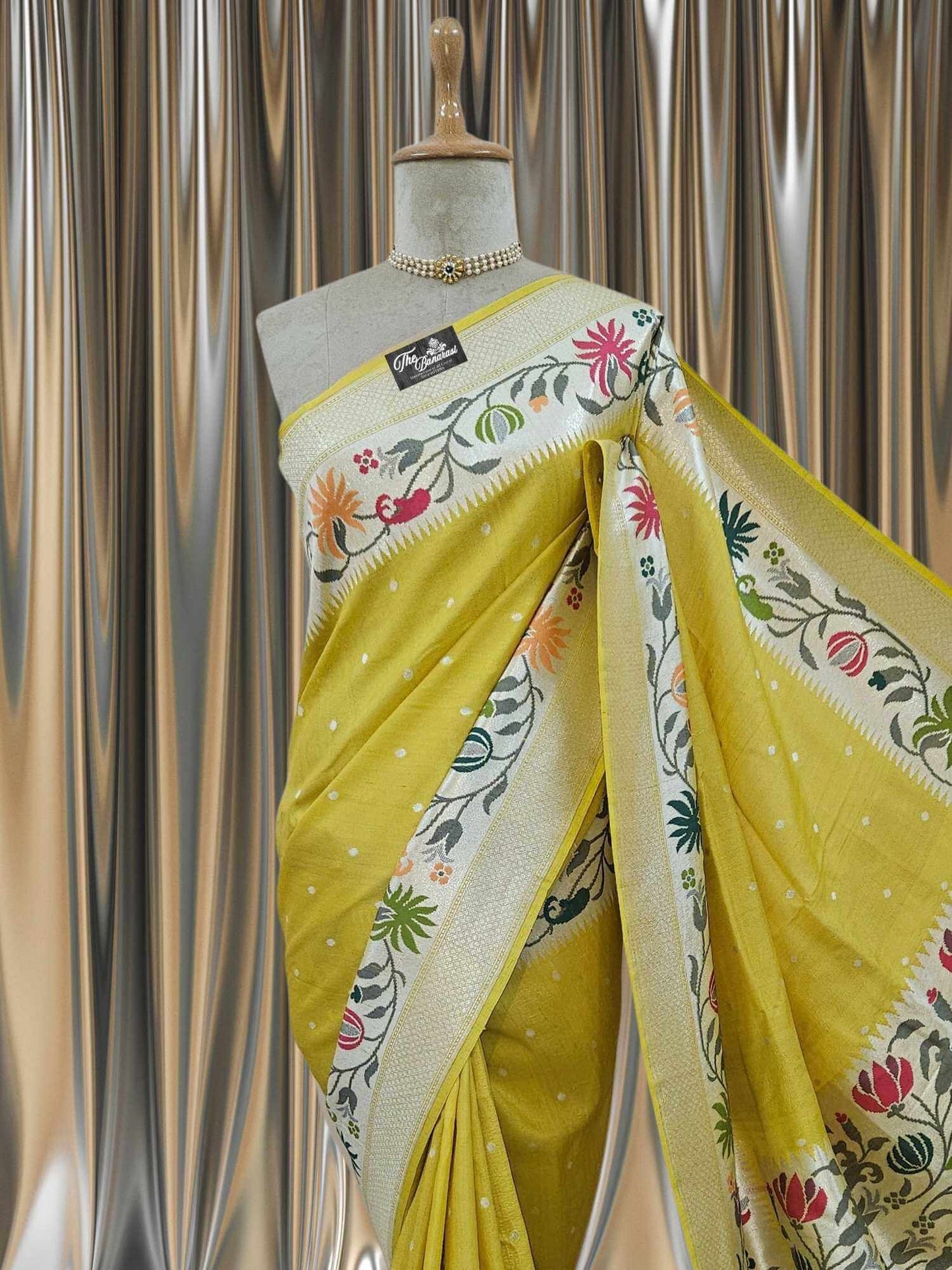 Citrine Yellow Pure Tussar Georgette Meenakari Design Banarasi Handloom Saree