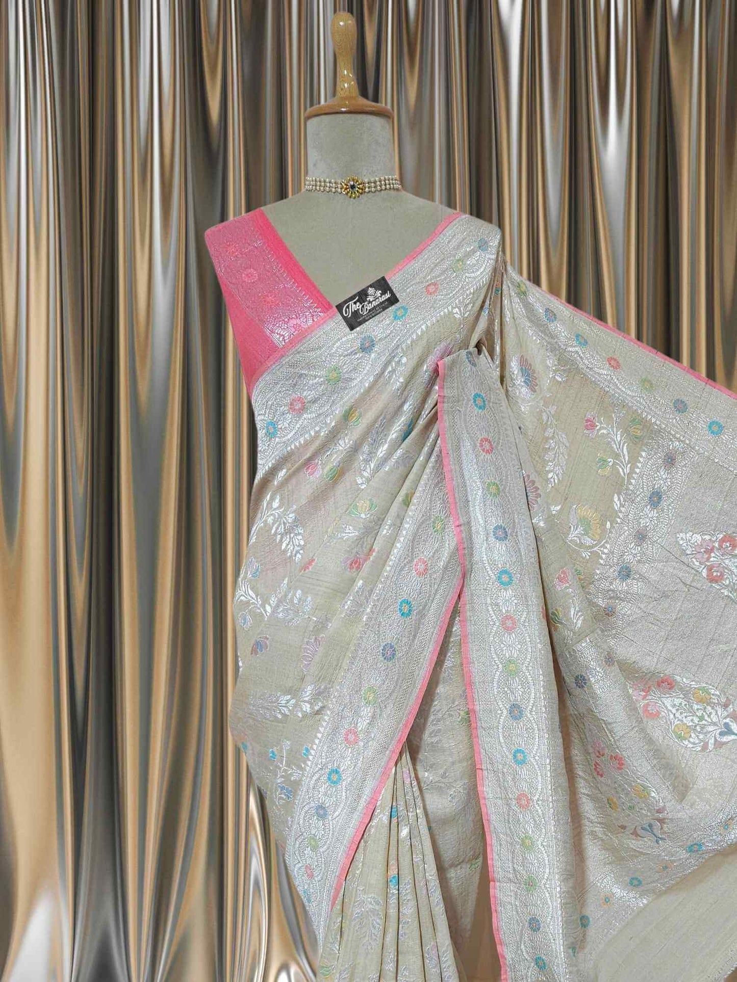 Cream Color Pure Tussar Georgette Meenakari Design Banarasi Handloom Saree