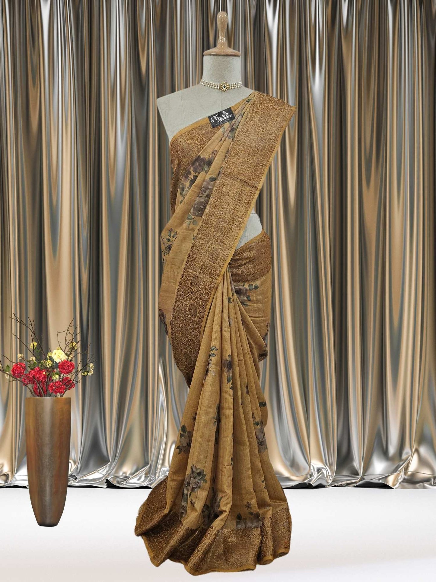 Golden Color Pure Tussar Georgette Meenakari Design Banarasi Handloom Saree