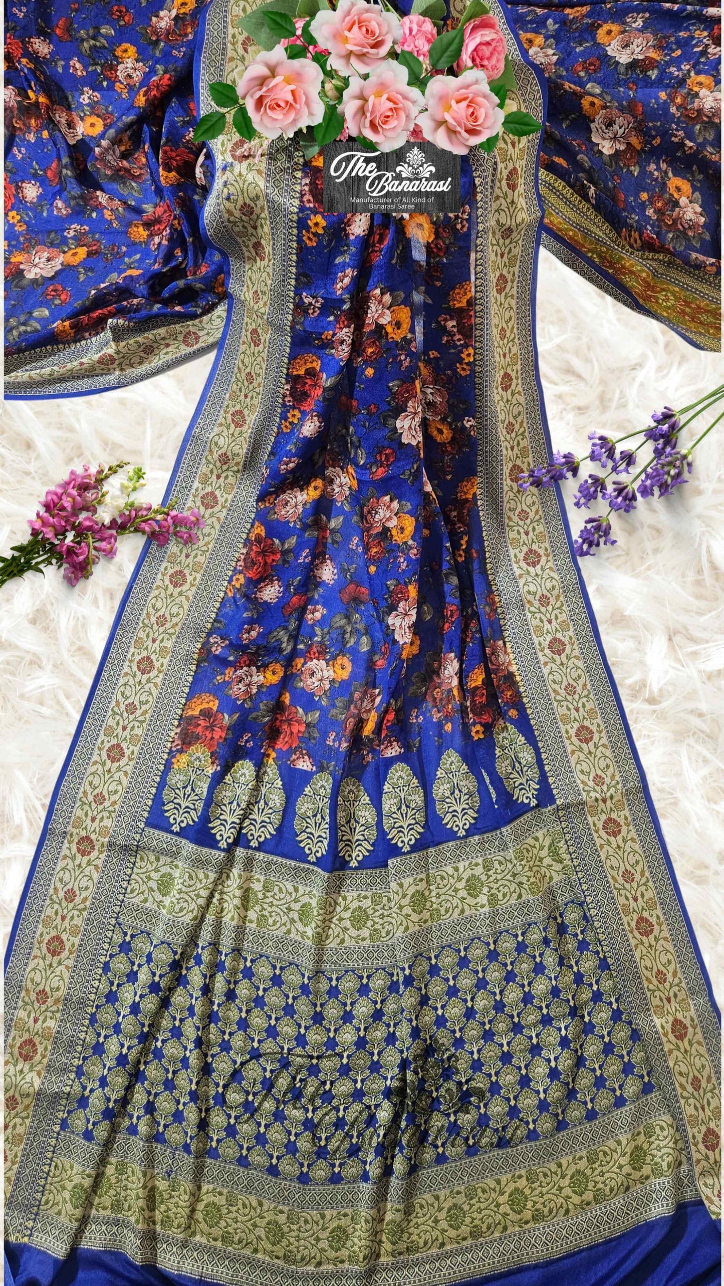 Deep Blue Pure Chiffon Printed Banarasi Handwoven Saree