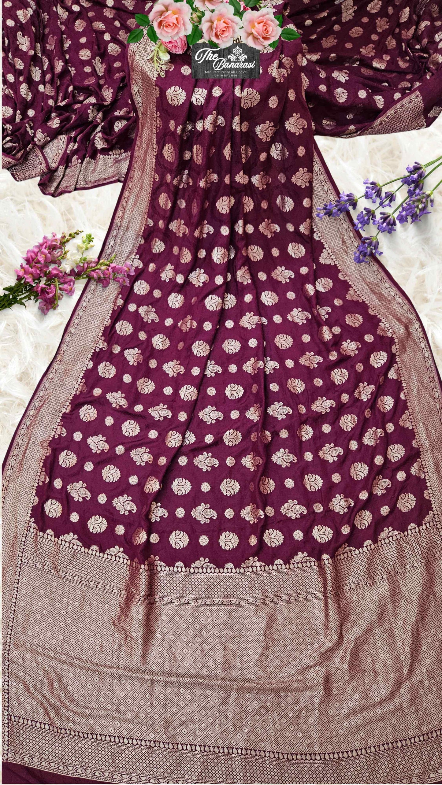 Wine Color Pure Moonga Georgette Water Zari Banarasi Handloom Saree