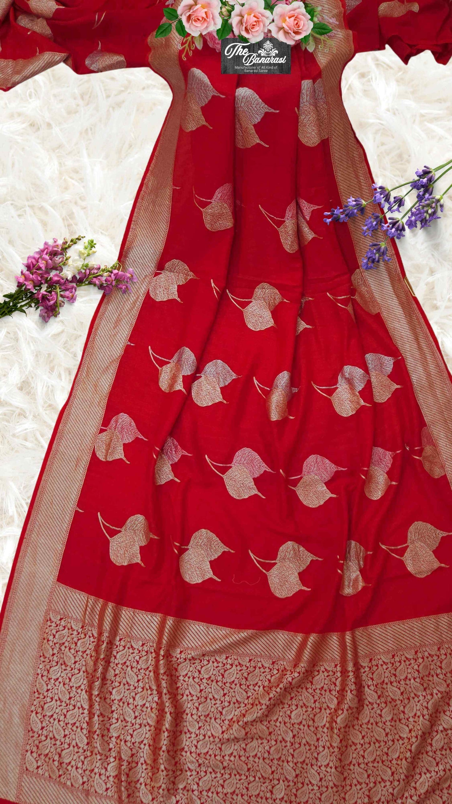 Blood Red Pure Moonga Georgette Water Zari Banarasi Handloom Saree