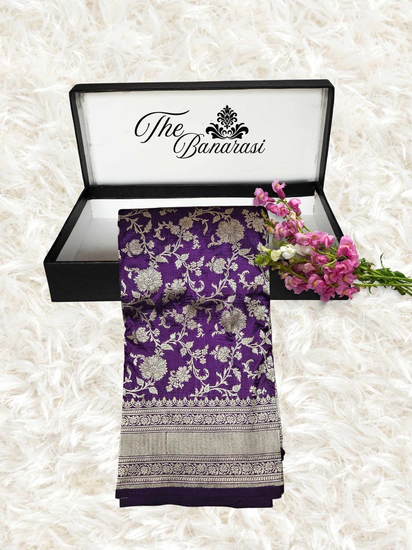 Wine Purple Katan Silk Handwoven Banarasi Saree with Water Zari Work - Partial View