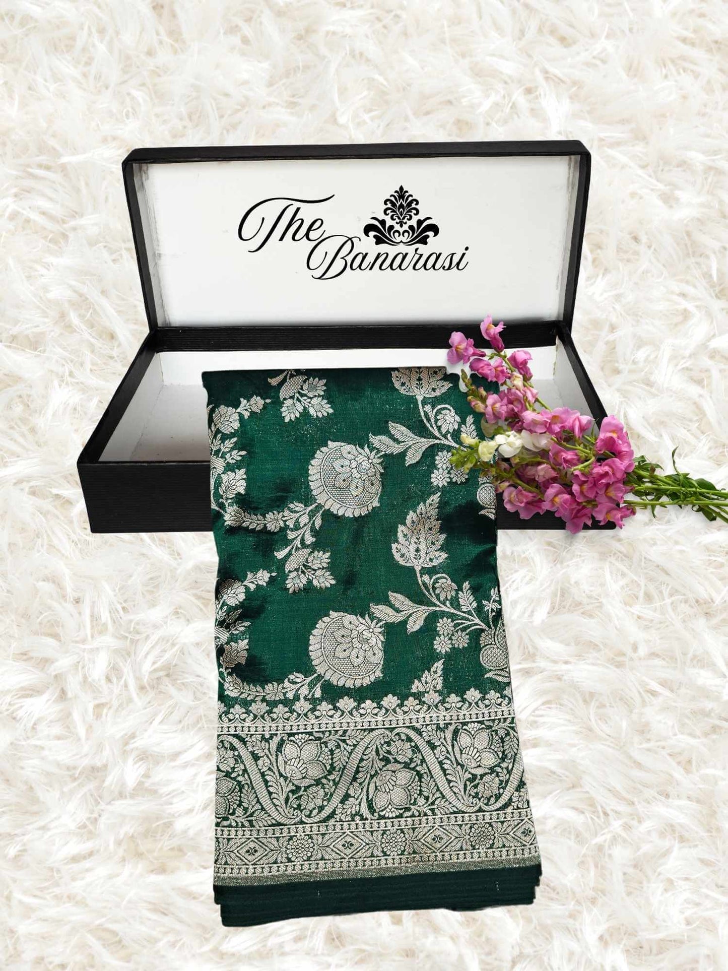 Dark Green Katan Silk Handwoven Banarasi Saree with Water Zari Work - Partial View