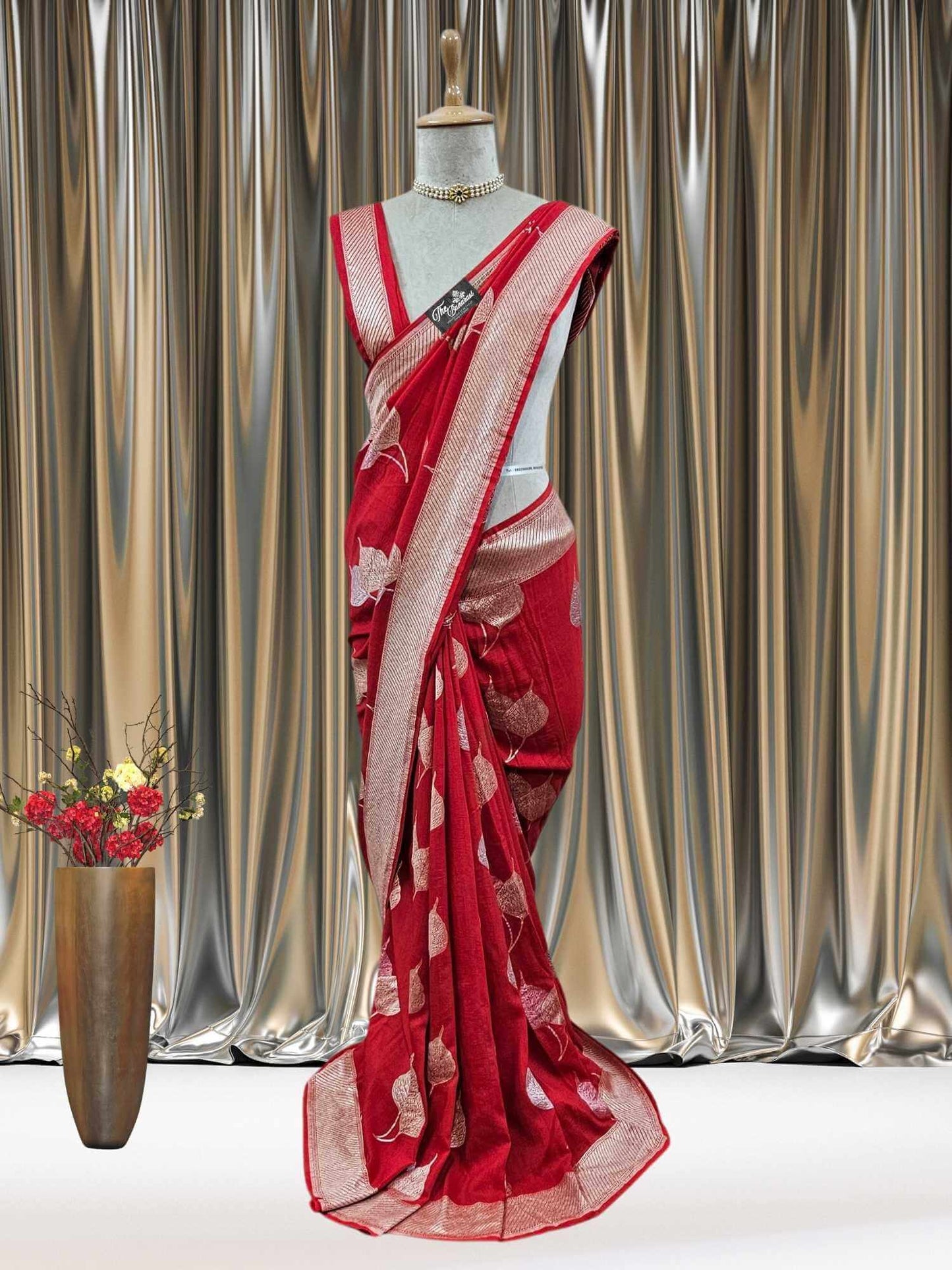 Blood Red Pure Moonga Georgette Water Zari Banarasi Handloom Saree