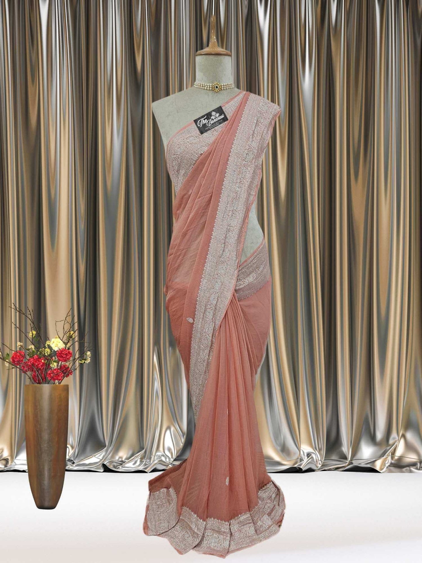 Mannequin wearing Elegant Peach Handcrafted Khaddi Georgette Banarasi Saree with Silver Zari Work - Full View