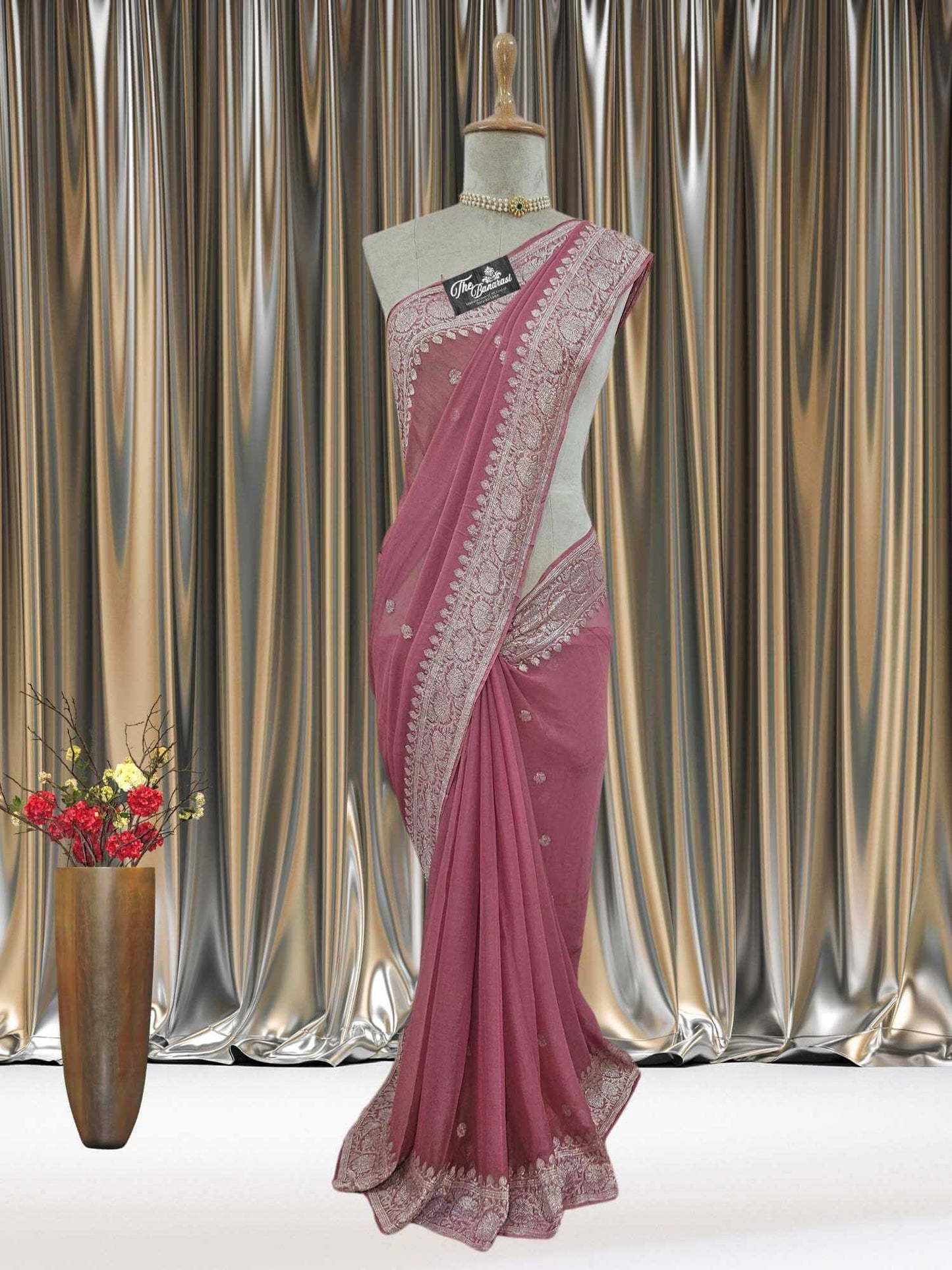 Mannequin wearing Elegant Rouge Pink Handcrafted Khaddi Georgette Banarasi Saree with Silver Zari Work - Full View
