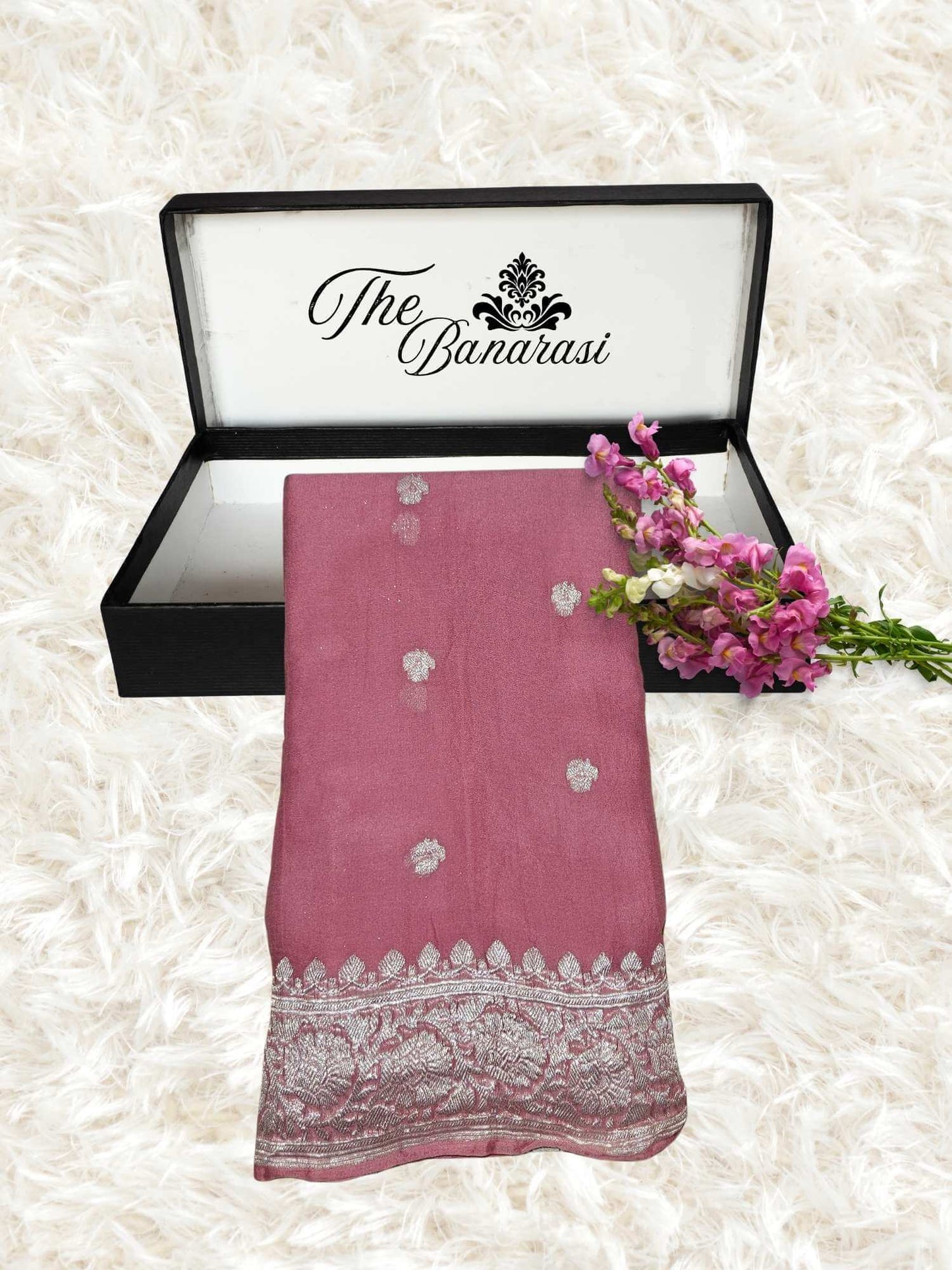 Elegant Rouge Pink Handcrafted Khaddi Georgette Banarasi Saree with Silver Zari Work - Partial View