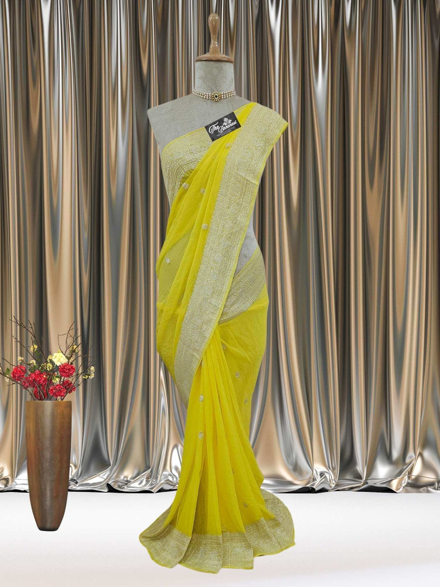 Mannequin wearing Elegant Canary Yellow Handcrafted Khaddi Georgette Banarasi Saree with Silver Zari Work - Full View