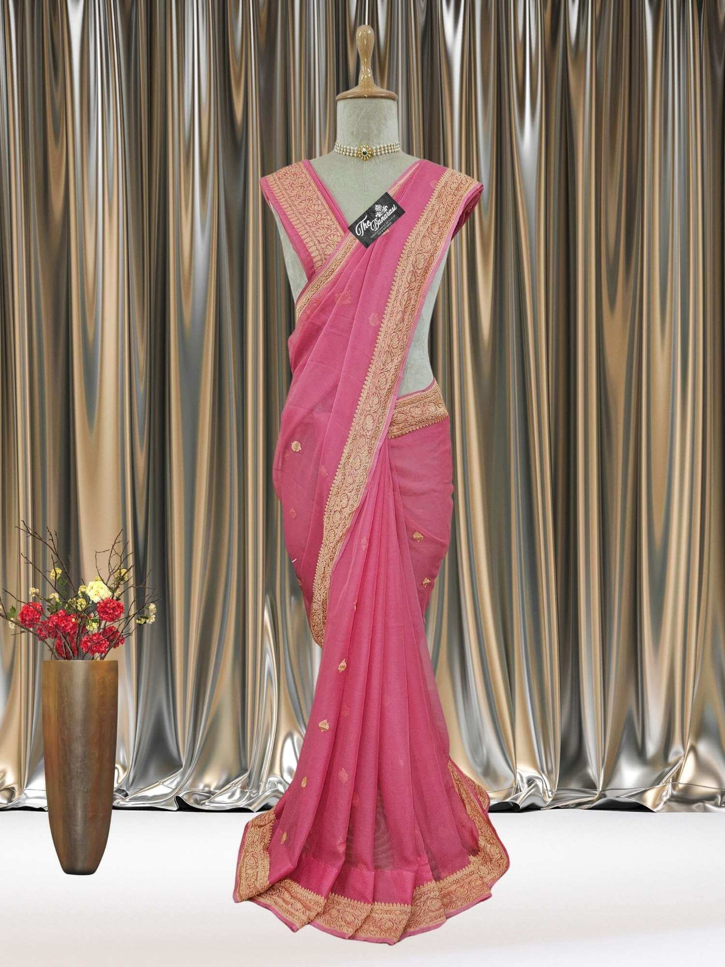 Mannequin wearing Elegant Strawberry Pink Handcrafted Khaddi Georgette Banarasi Saree with Silver Zari Work - Full View