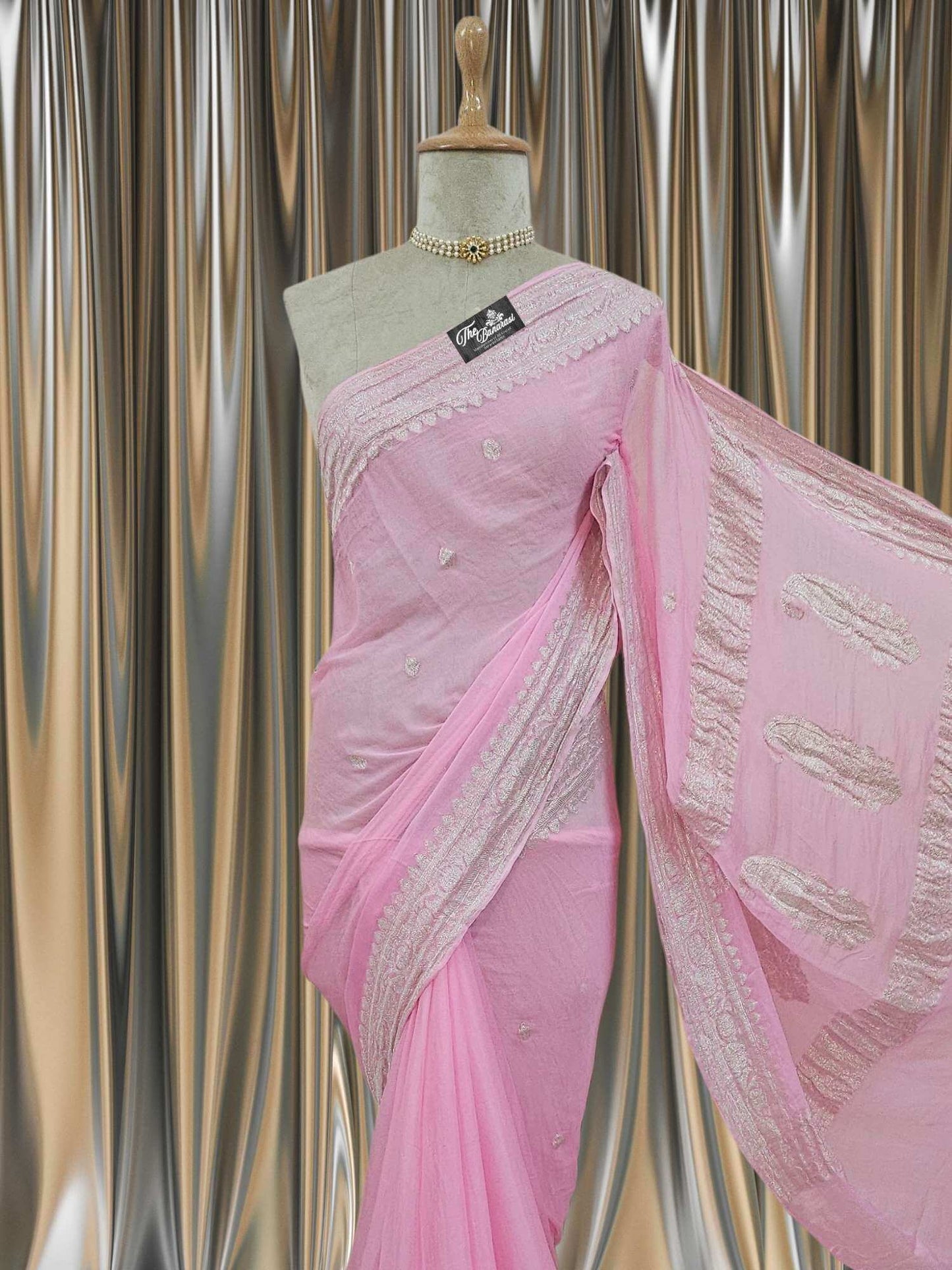 Close-up of Elegant Blush Pink Handcrafted Khaddi Georgette Banarasi Saree with Silver Zari Work