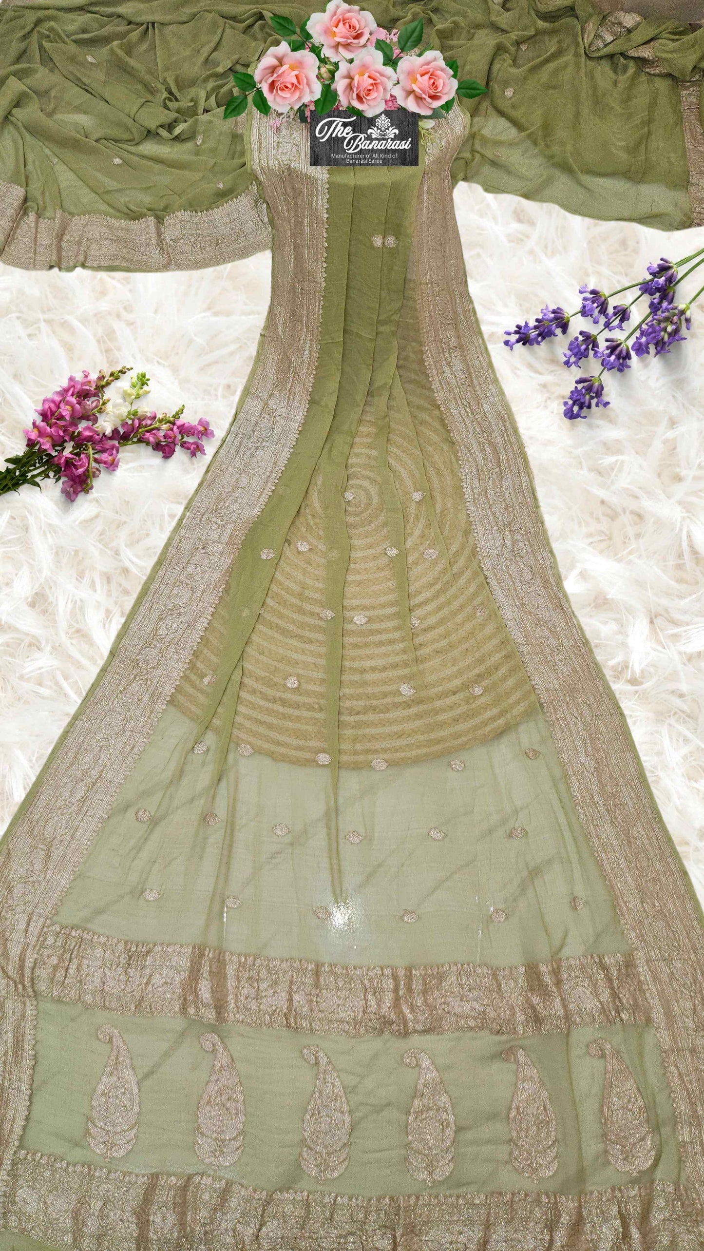 Elegant Mehndi Green Handcrafted Khaddi Georgette Banarasi Saree with Silver Zari Work - Full View
