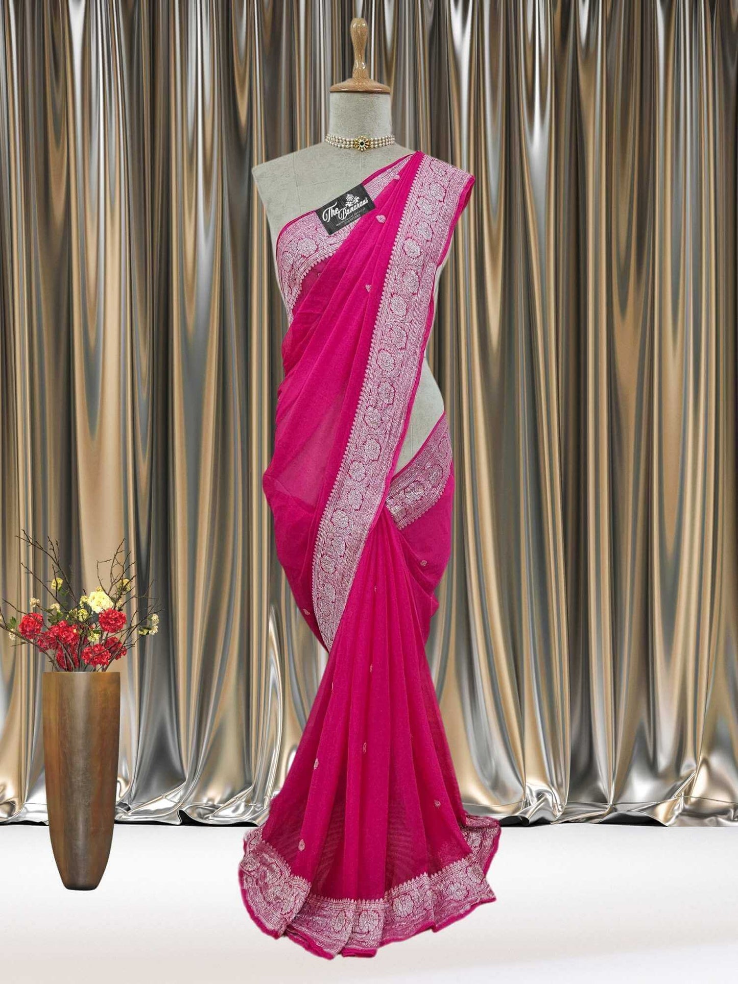 Mannequin wearing Elegant Bright Pink Handcrafted Khaddi Georgette Banarasi Saree with Silver Zari Work - Full View