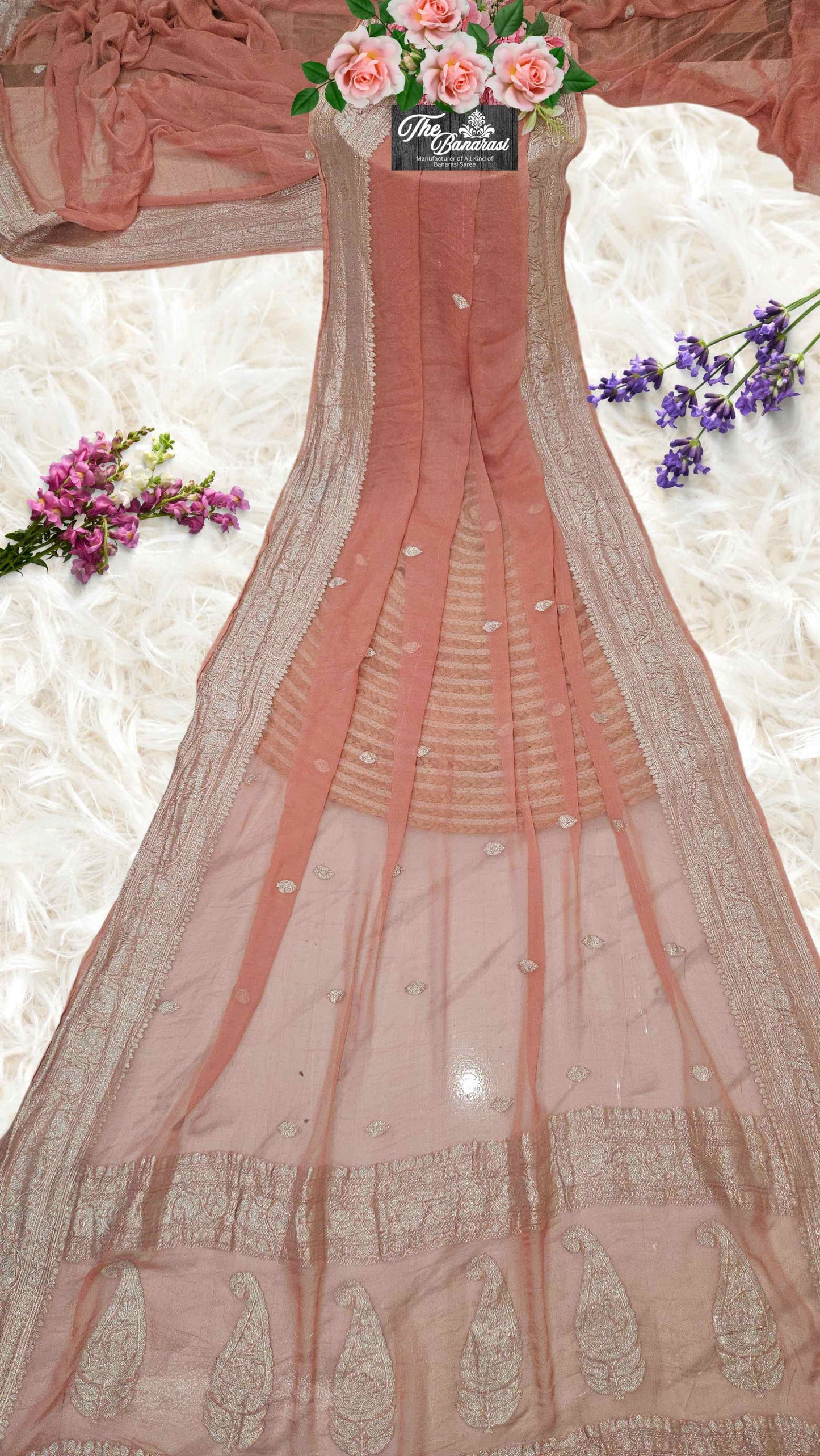 Elegant Peach Handcrafted Khaddi Georgette Banarasi Saree with Silver Zari Work - Full View