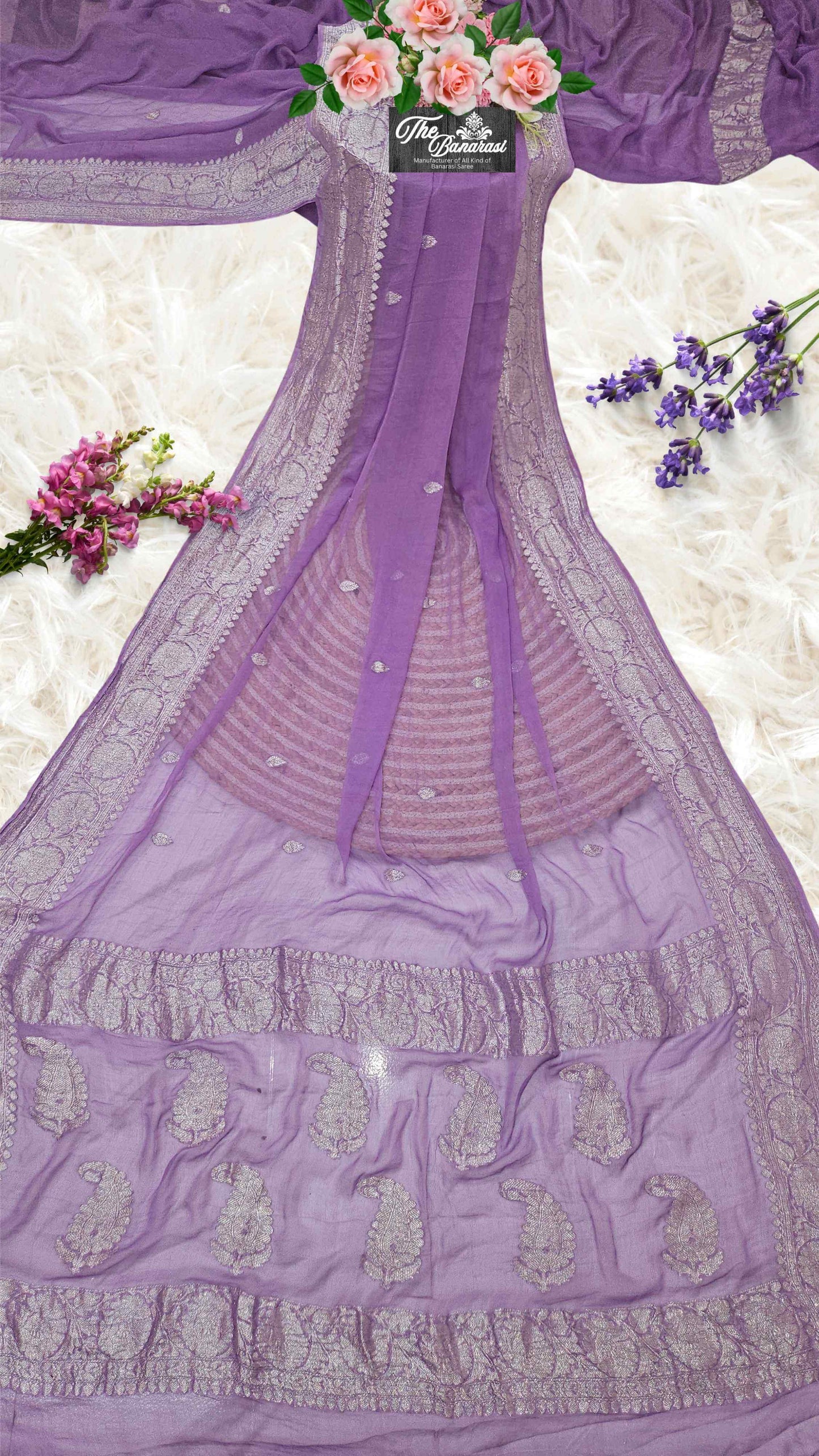 Elegant Iris Purple Handcrafted Khaddi Georgette Banarasi Saree with Silver Zari Work - Full View