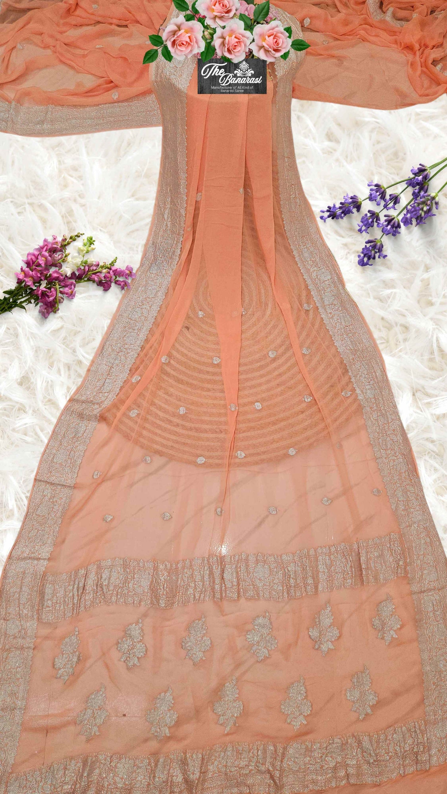 Elegant Apricot Orange Handcrafted Khaddi Georgette Banarasi Saree with Silver Zari Work - Full View