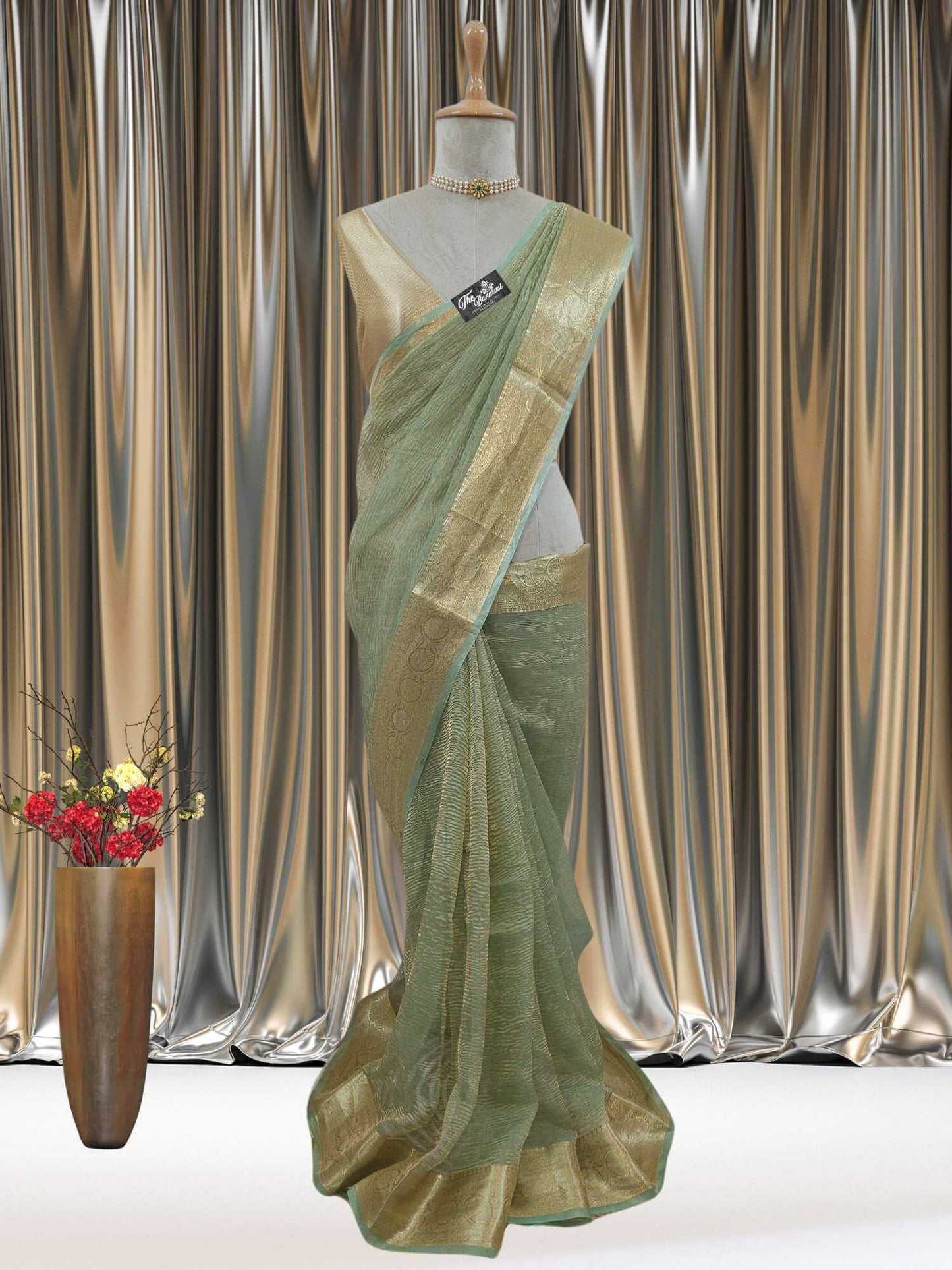 Mannequin wearing Luxury Mint green Handwoven Banarasi Tissue Silk Saree - Full View