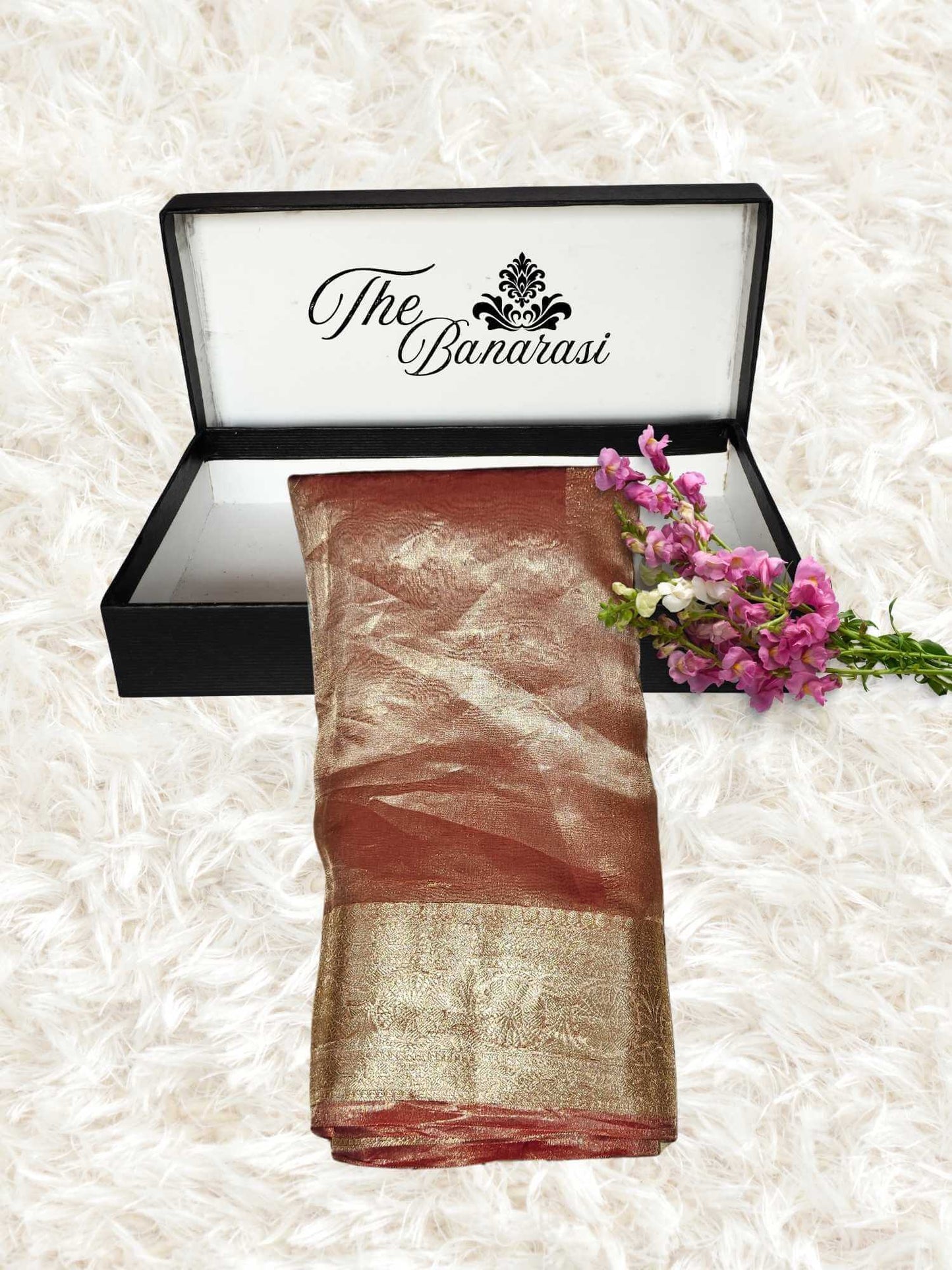 Luxury Brick Color Handwoven Banarasi Tissue Silk Saree - Partial View