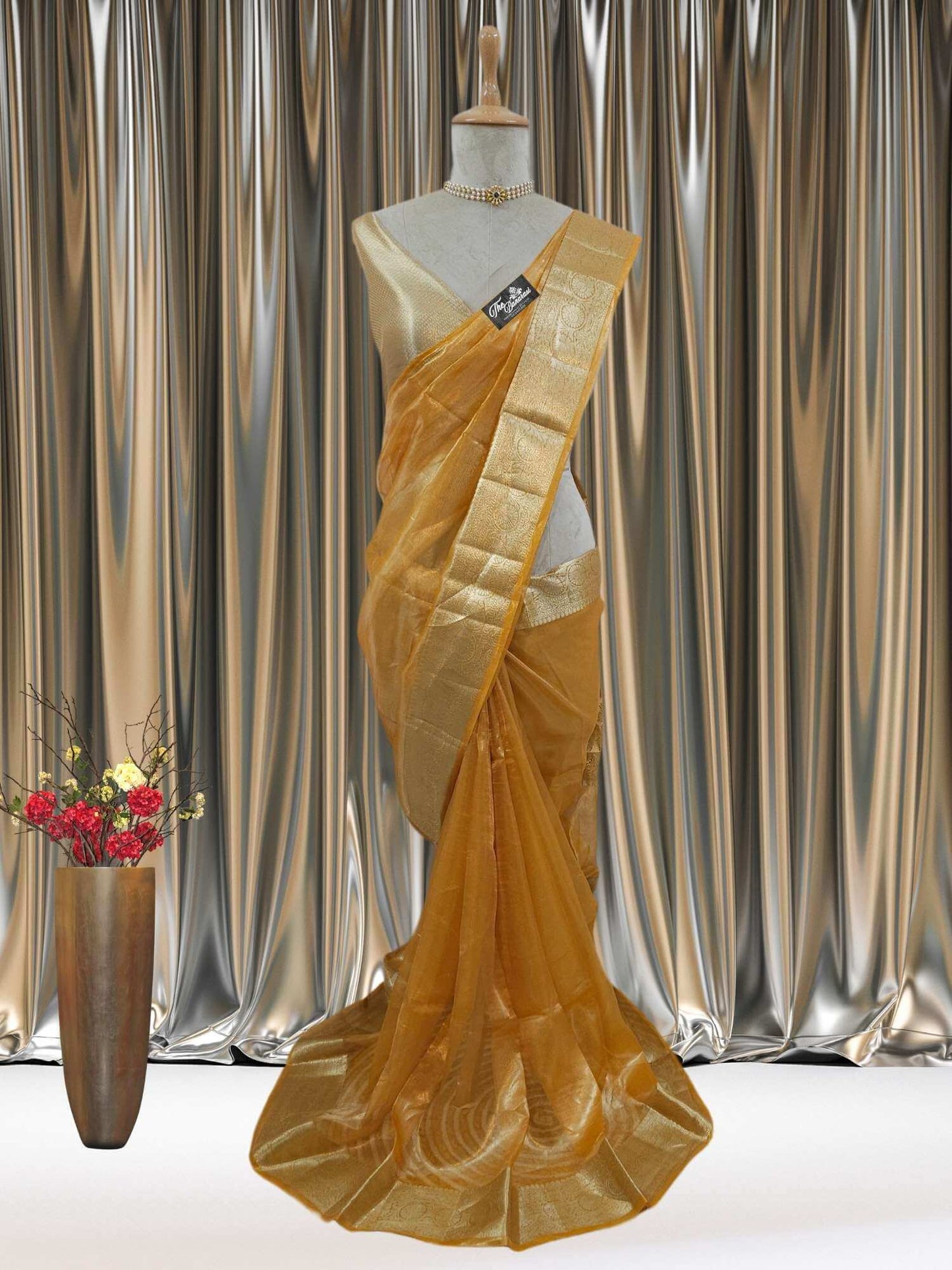Mannequin wearing Luxury Mustard Color Handwoven Banarasi Tissue Silk Saree - Full View