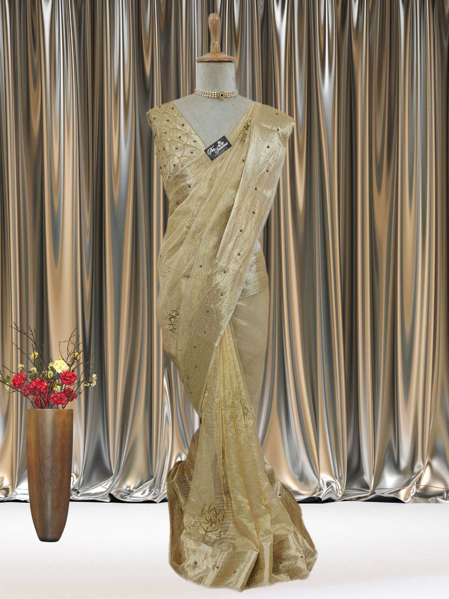 Mannequin wearing Luxury Cream Golden Handwoven Banarasi Tissue Silk Saree - Full View