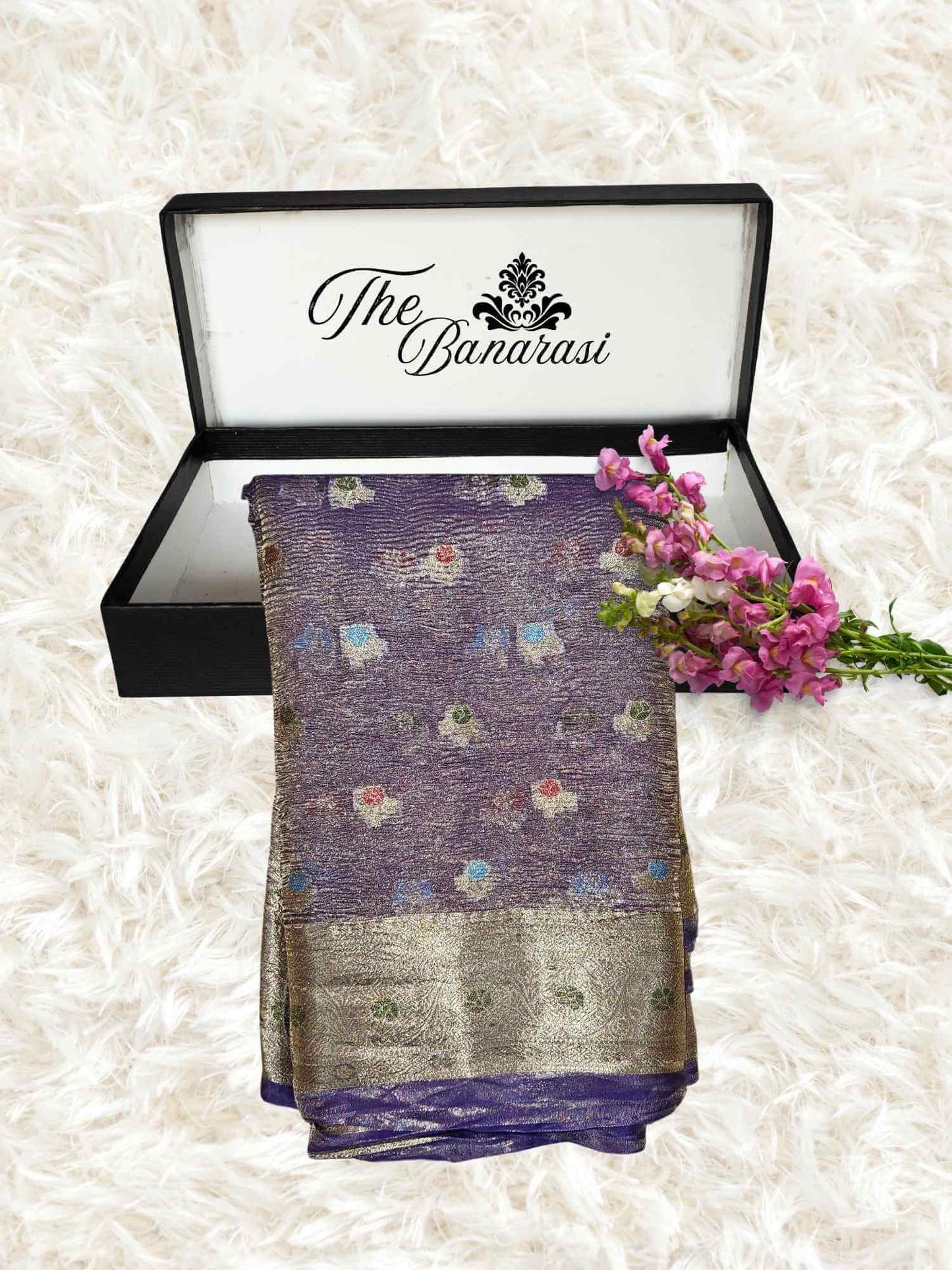 Luxury Violet Handwoven Banarasi Tissue Silk Saree - Partial View