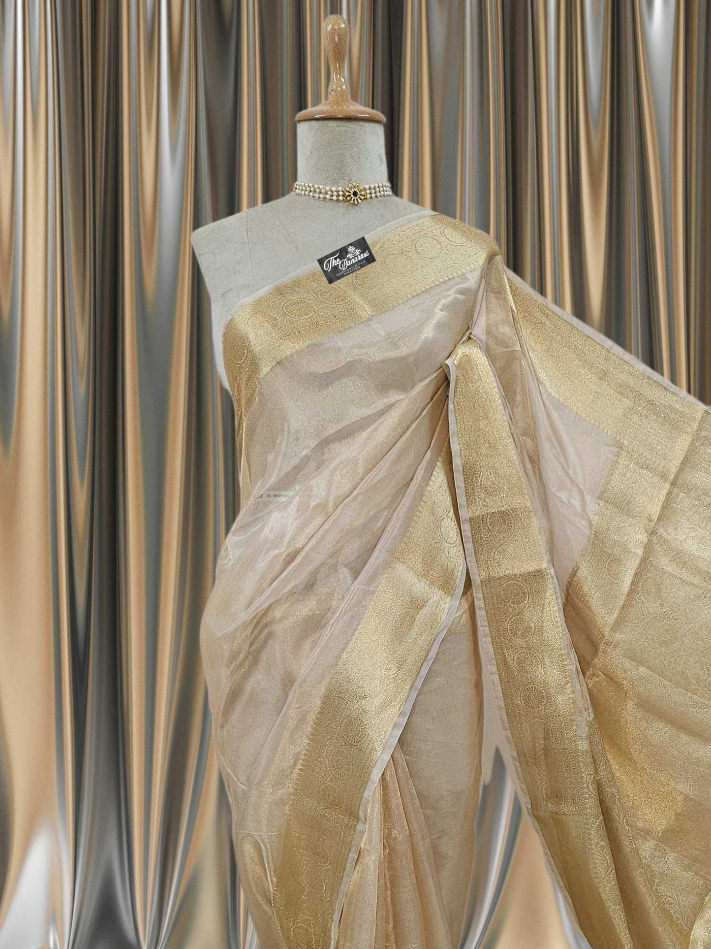 Close-up of Luxury Light Golden Handwoven Banarasi Tissue Silk Saree