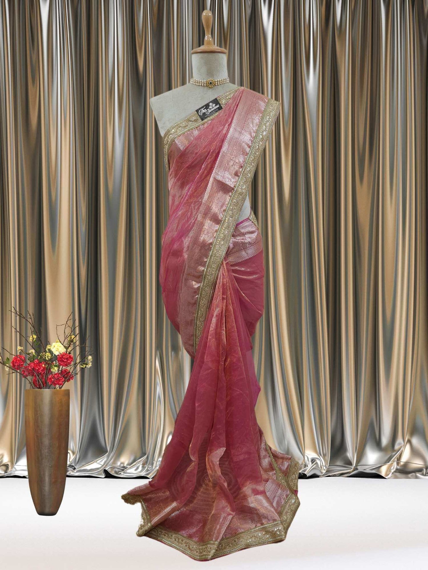 Mannequin wearing Luxury Rose Pink Handwoven Banarasi Tissue Silk Saree - Full View