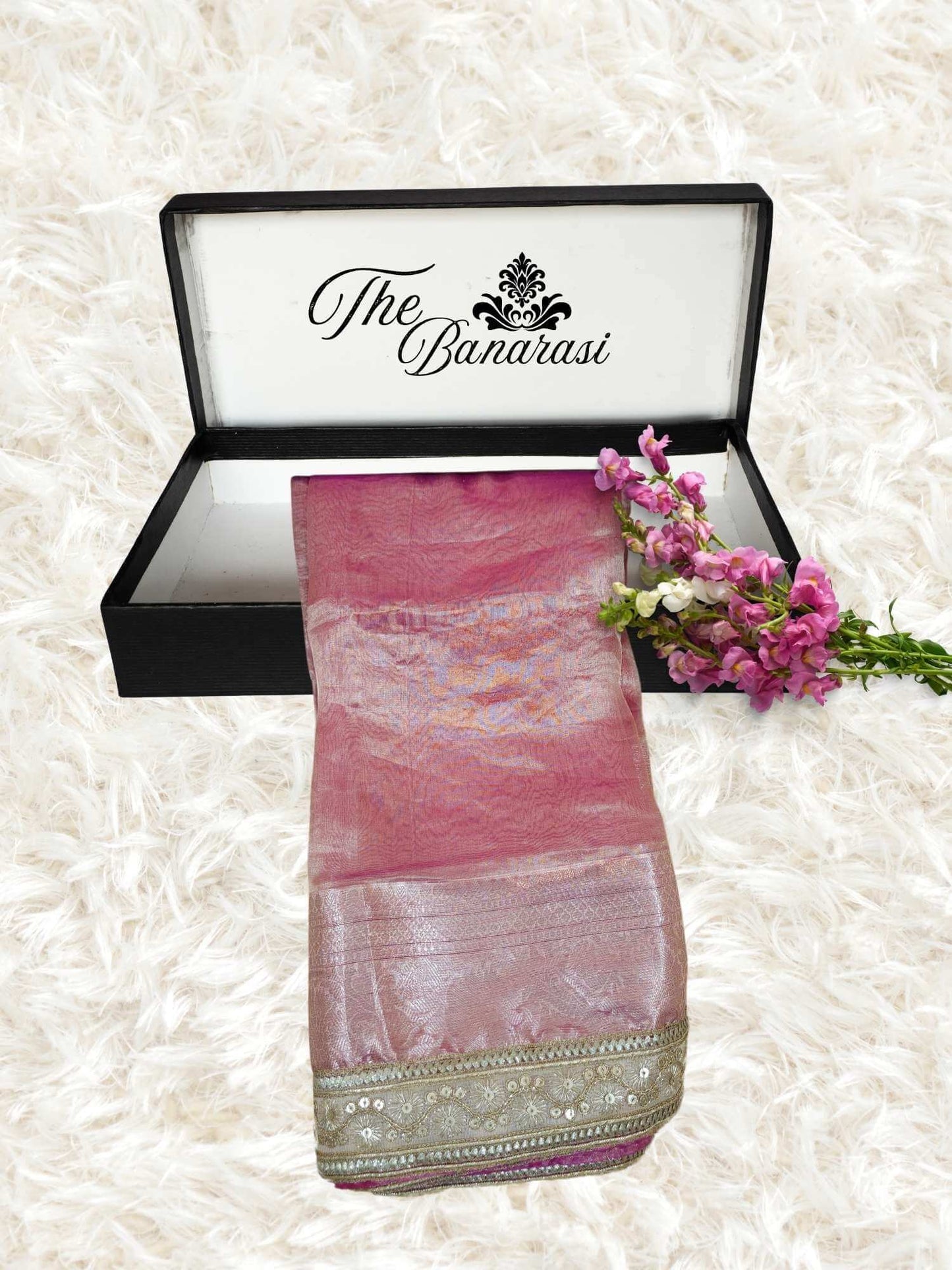 Luxury Rose Pink Handwoven Banarasi Tissue Silk Saree - Partial View