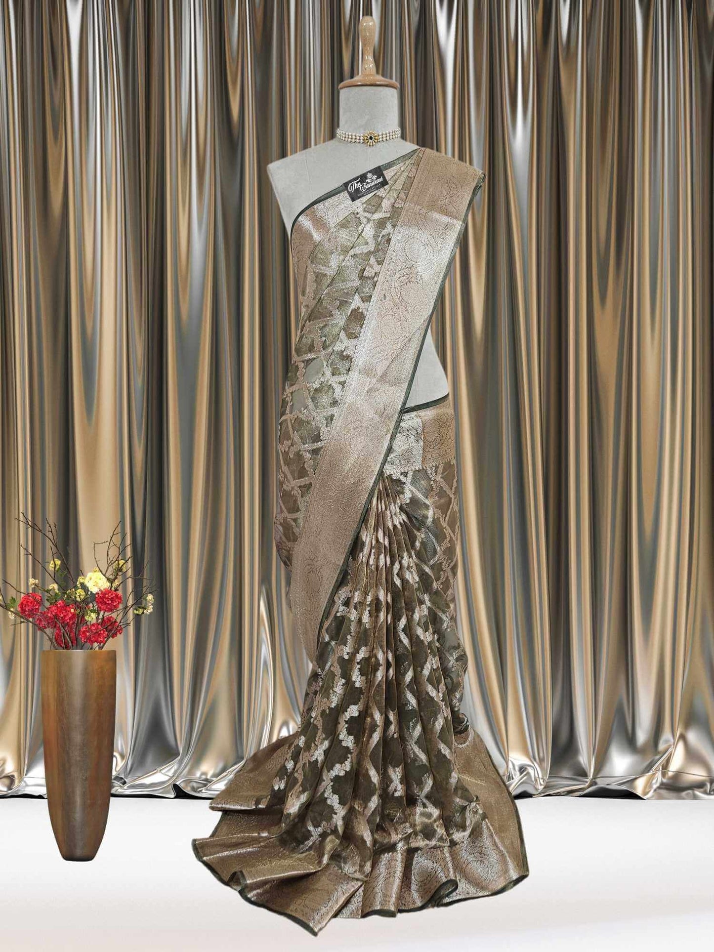 Mannequin wearing Luxury Army Green Handwoven Banarasi Tissue Silk Saree - Full View