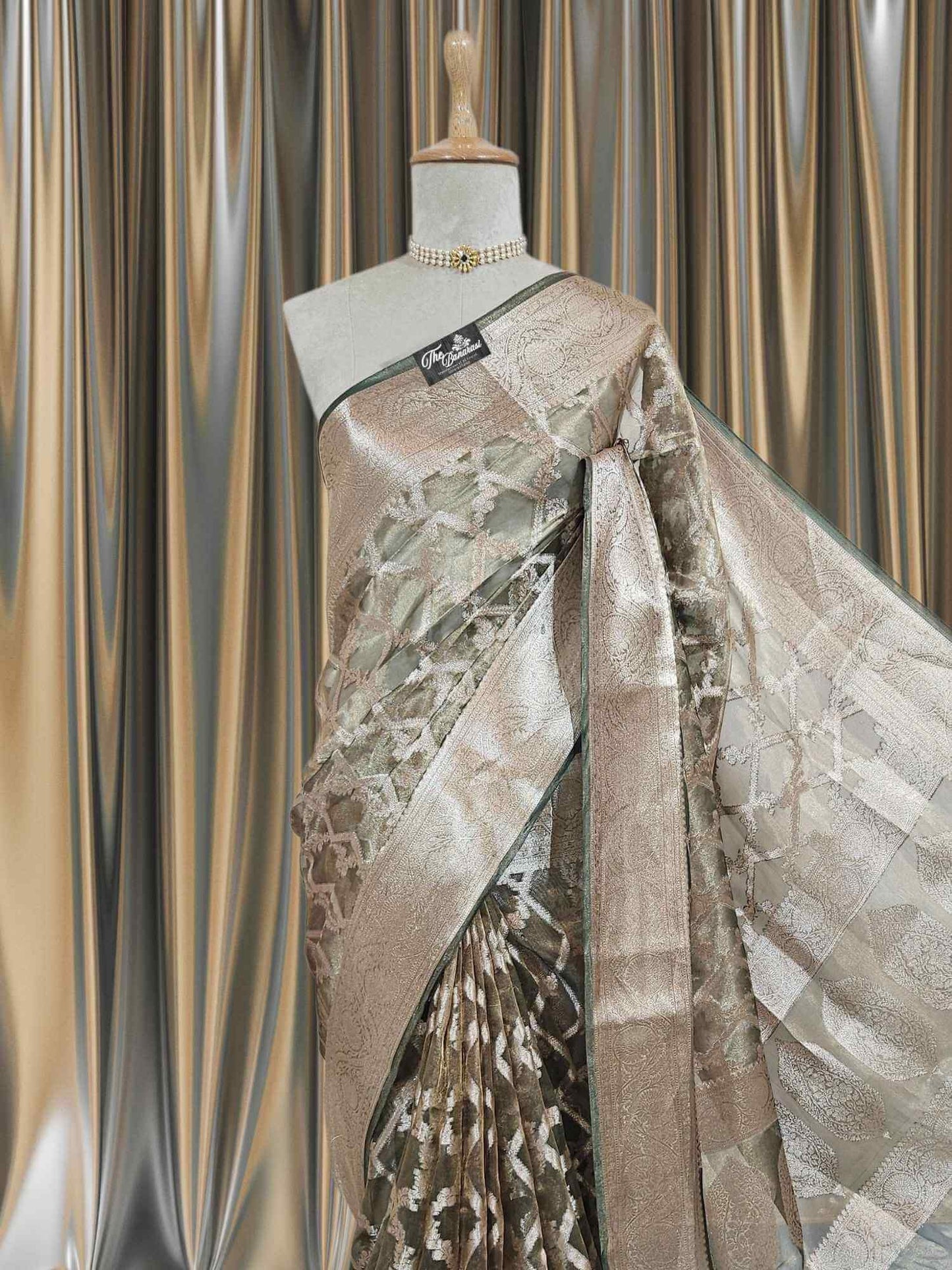 Close-up of Luxury Army Green Handwoven Banarasi Tissue Silk Saree