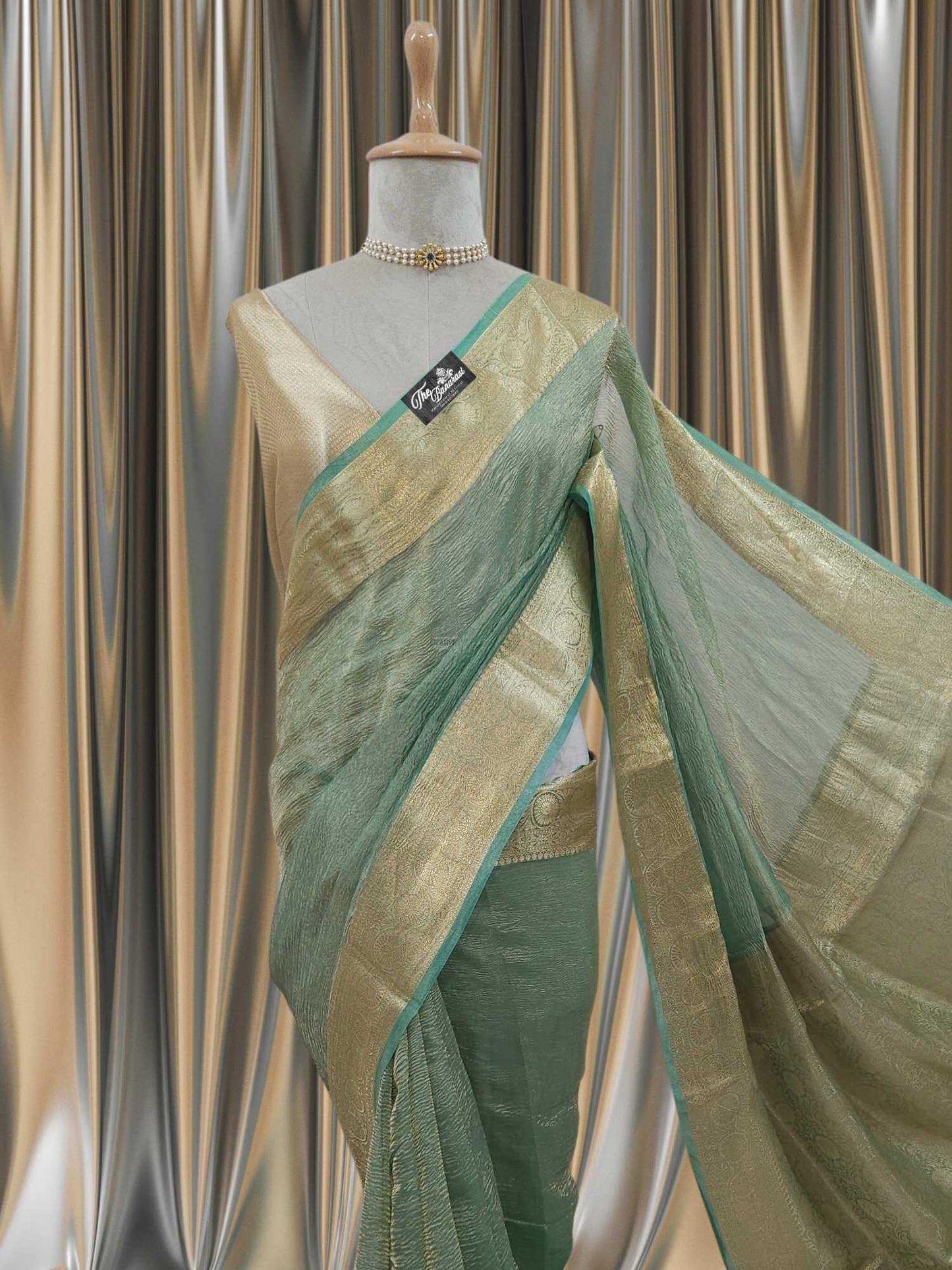 Close-up of Luxury Pista Color Handwoven Banarasi Tissue Silk Saree