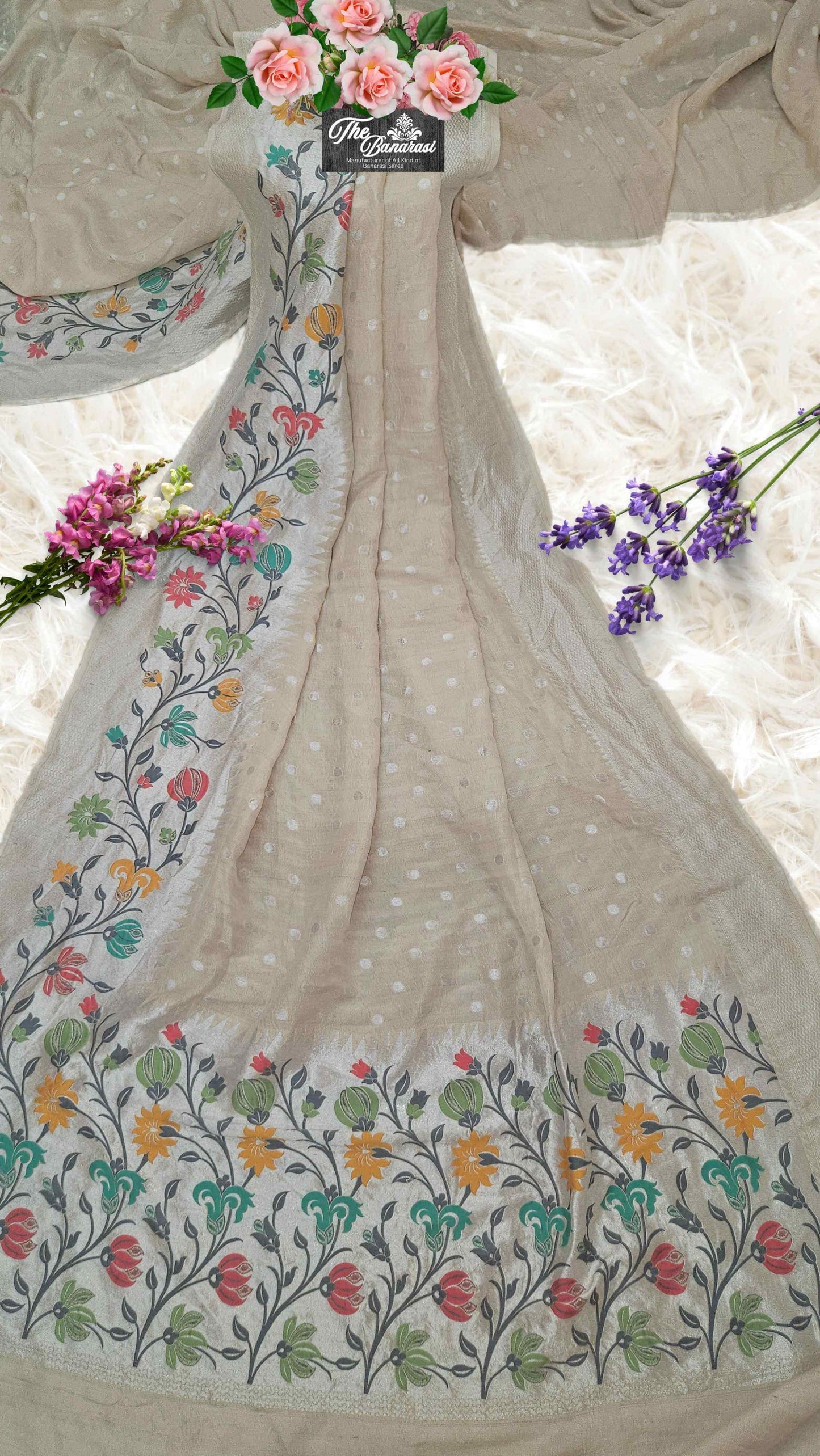 Off White Pure Tussar Georgette Meenakari Design Banarasi Handloom Saree