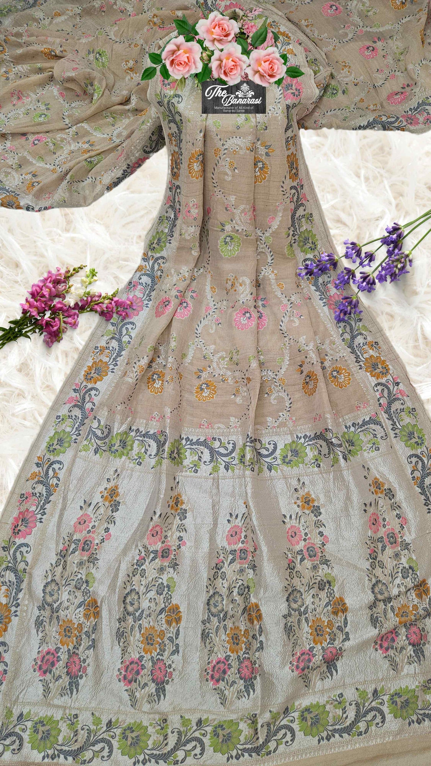 Beige Color Pure Tussar Georgette Meenakari Design Banarasi Handloom Saree