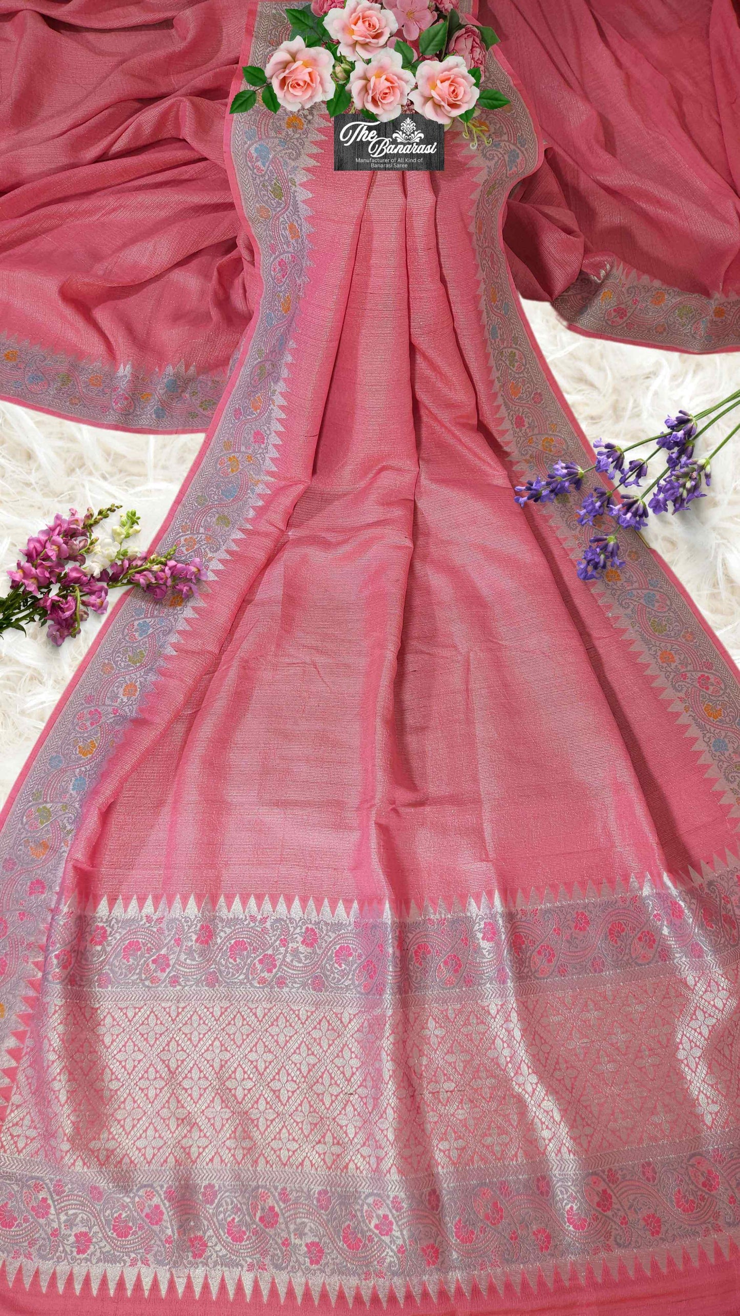 Rose Pink Pure Tussar Georgette Meenakari Design Banarasi Handloom Saree