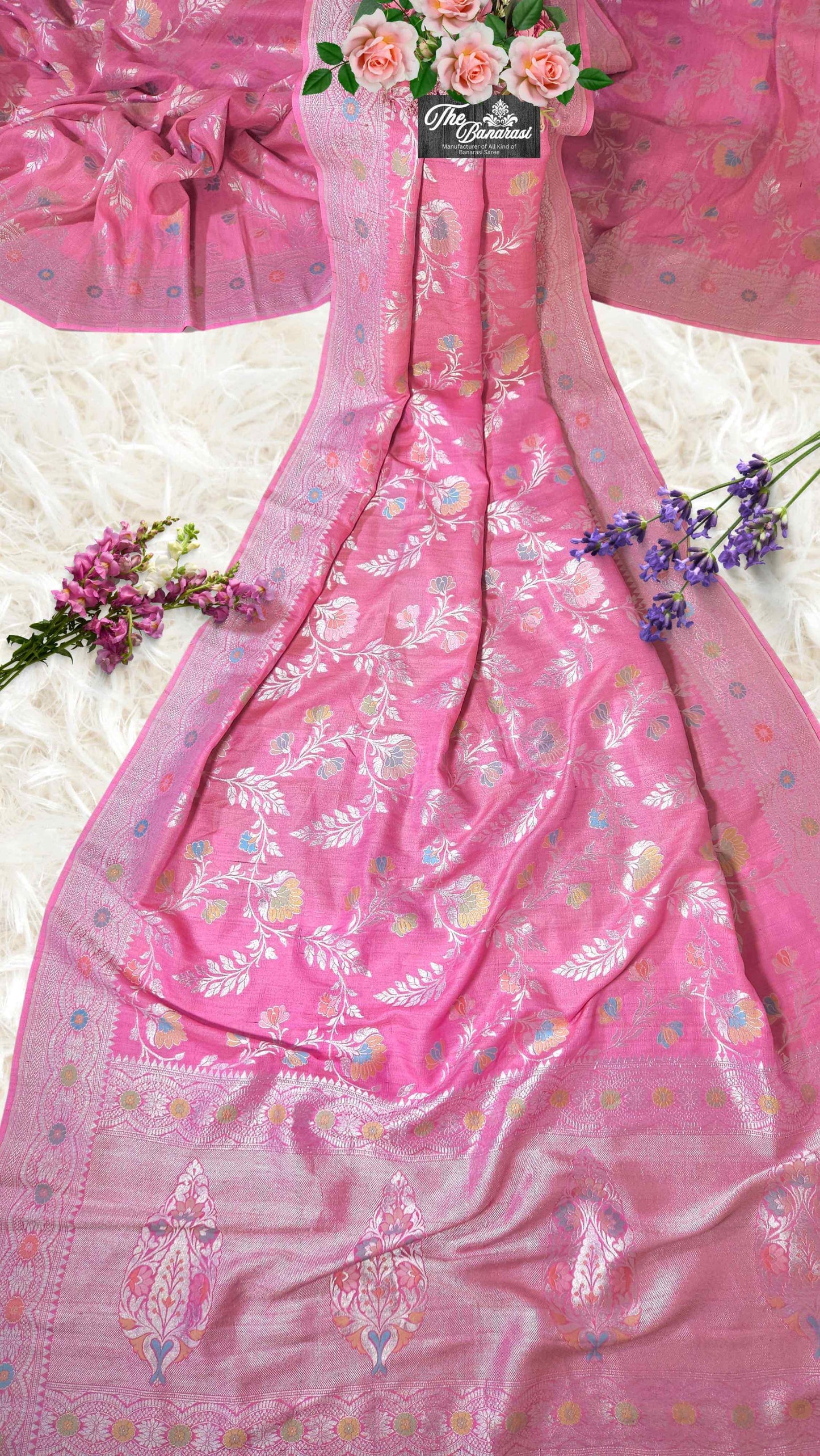 Neon Pink Pure Tussar Georgette Meenakari Design Banarasi Handloom Saree