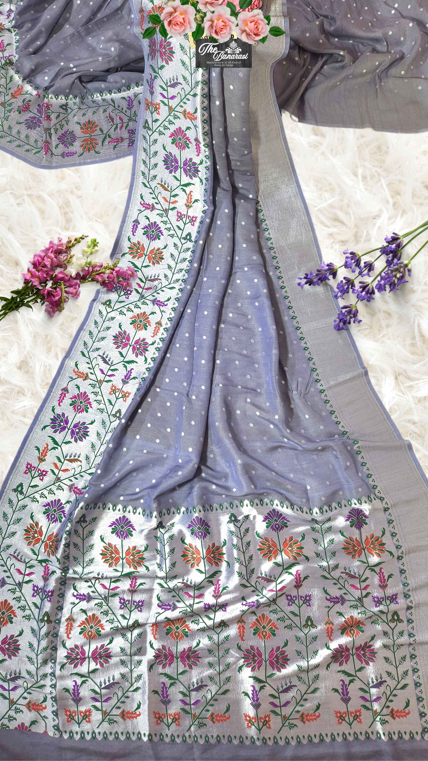 Slate Blue Pure Tussar Georgette Meenakari Design Banarasi Handloom Saree