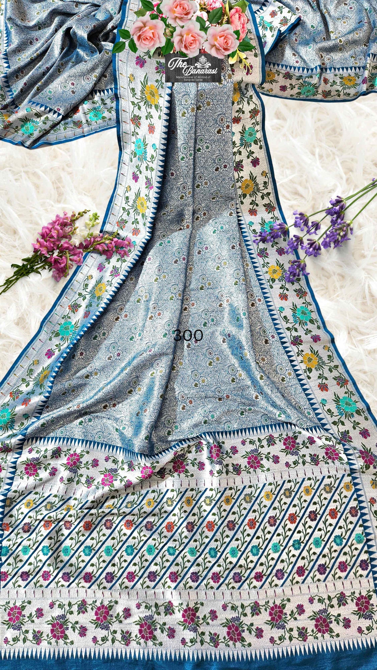 Dodge Blue Pure Tussar Georgette Meenakari Design Banarasi Handloom Saree