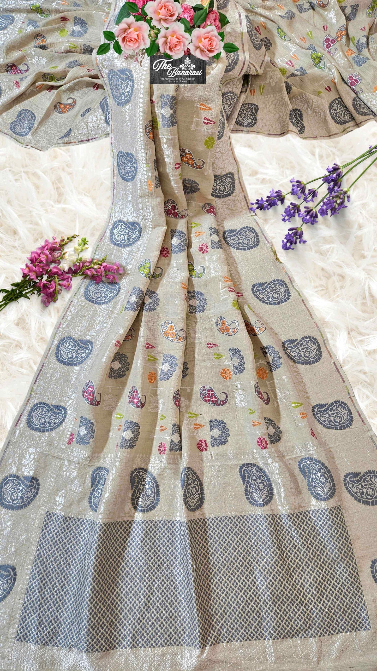 Off White Pure Tussar Georgette Meenakari Design Banarasi Handloom Saree