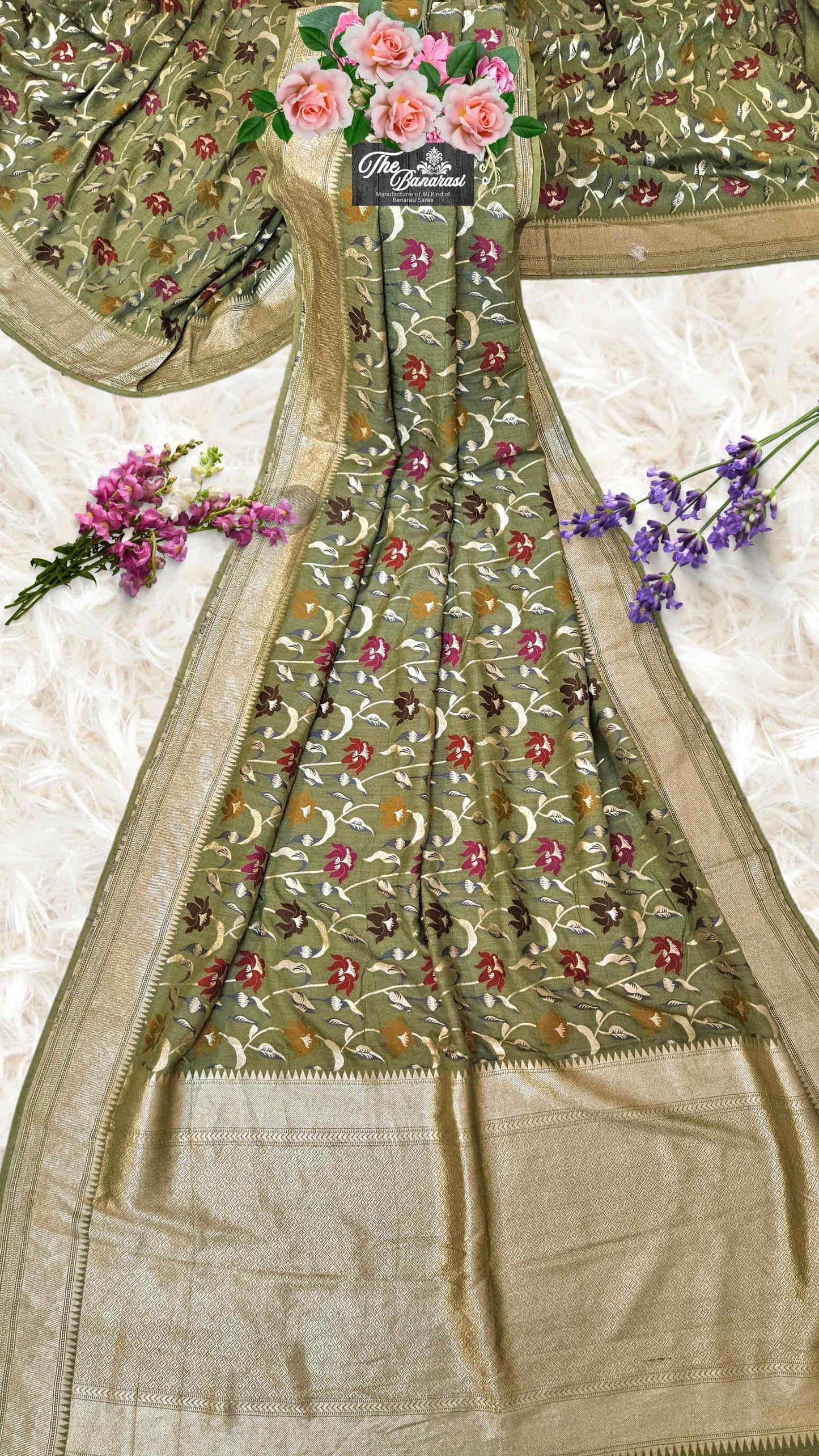 Olive Green Pure Tussar Georgette Meenakari Design Banarasi Handloom Saree