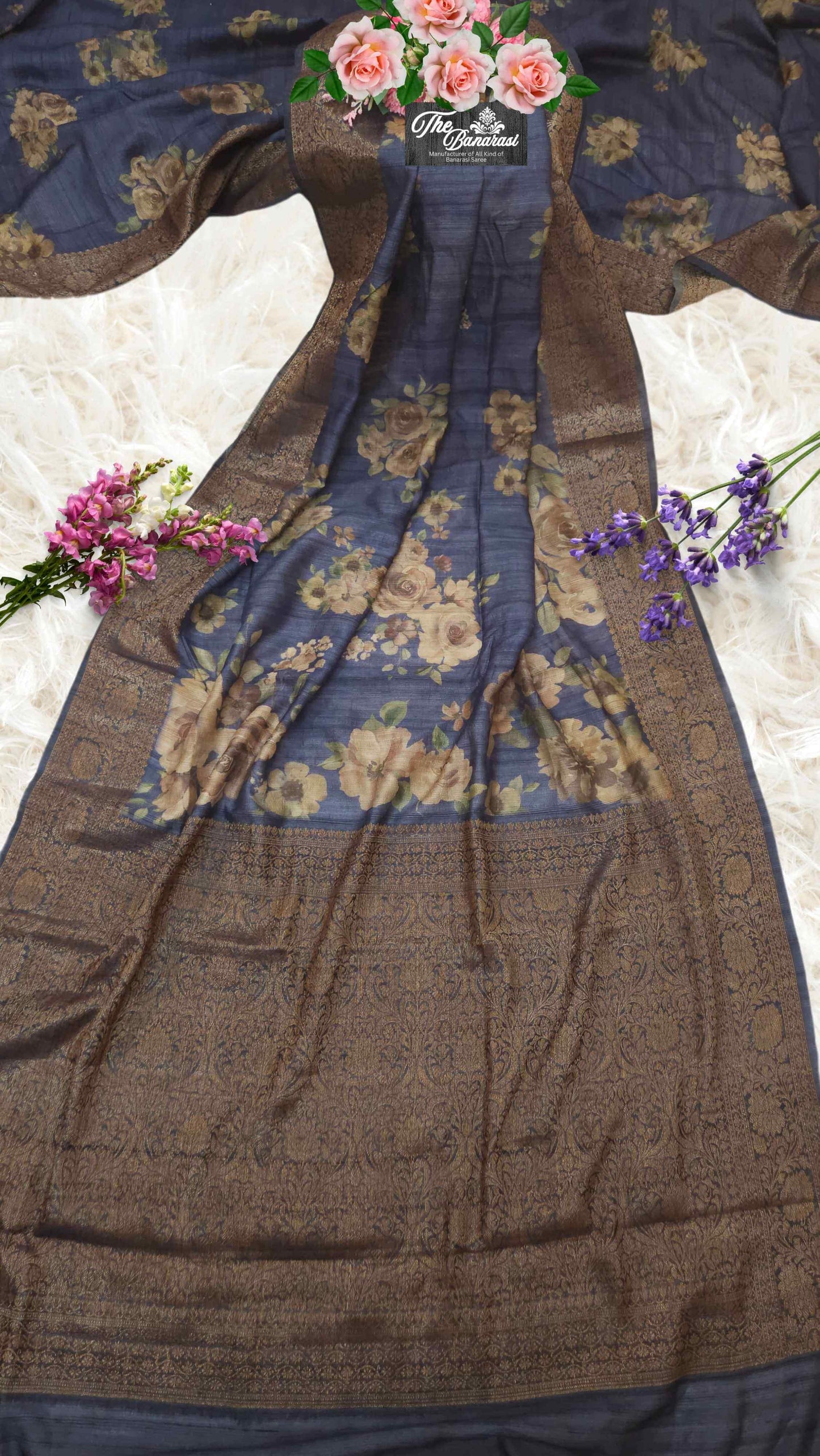 Blue Color Pure Tussar Georgette Antique Zari Print Banarasi Handloom Saree