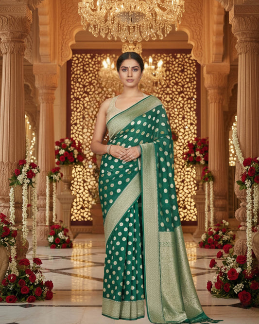 Green Color Khaddi Georgette Water Zari Banarasi Handloom Saree