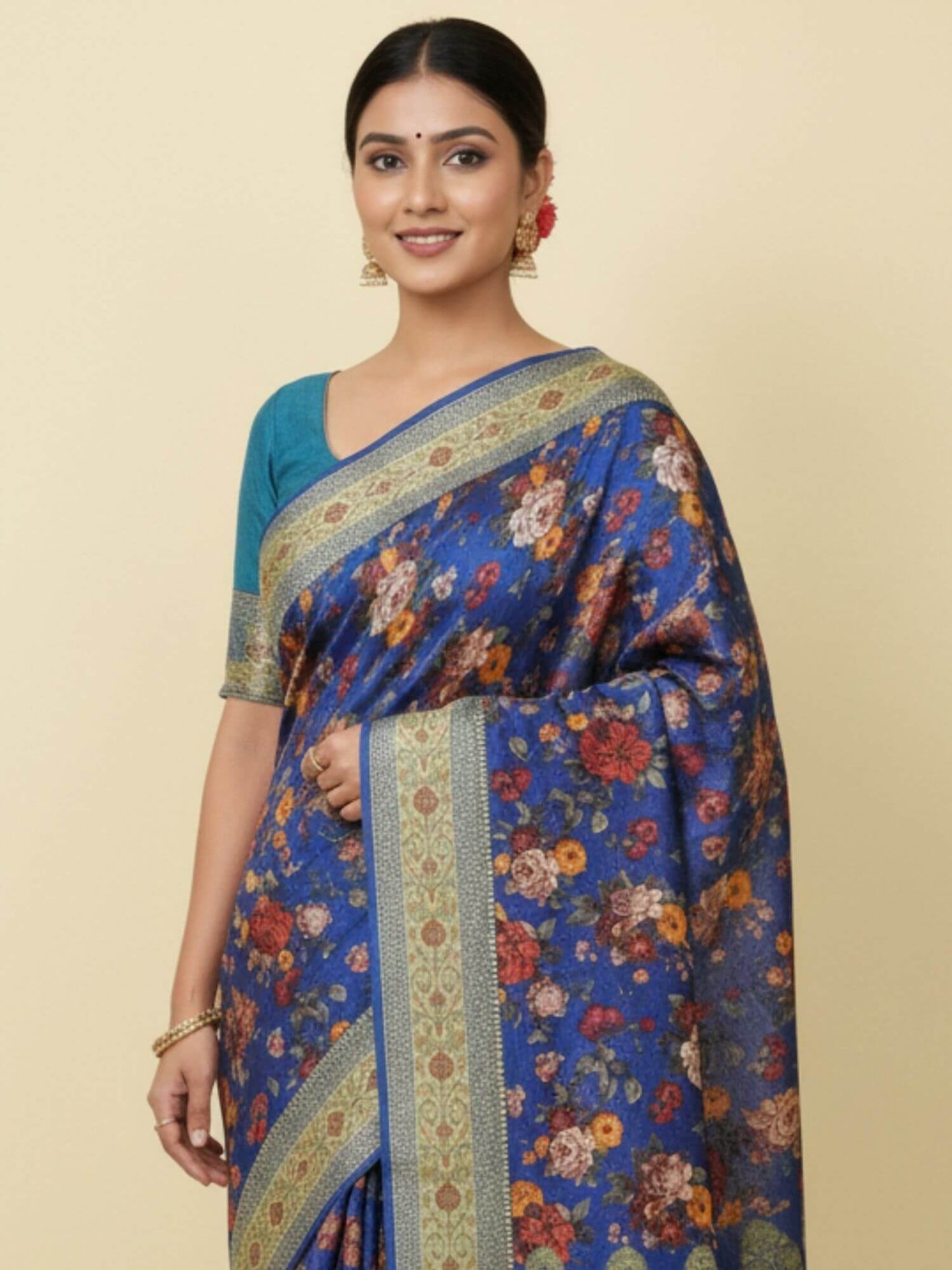 Deep Blue Pure Chiffon Printed Banarasi Handwoven Saree